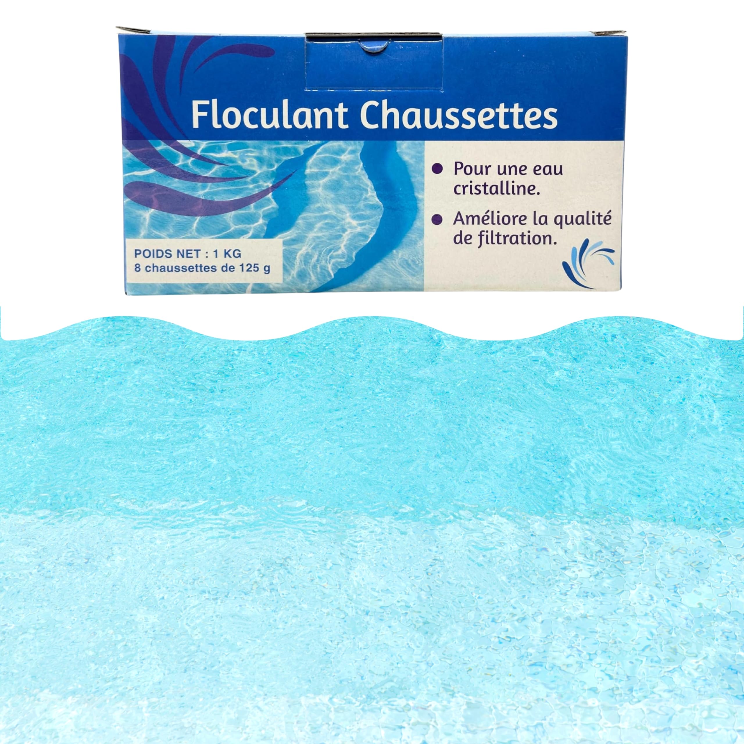 Floculant en Chaussettes pour Piscine – Clarification Efficace pour Filtres à Sable, Boîte de 1 KG – 8 Chaussettes de 125g