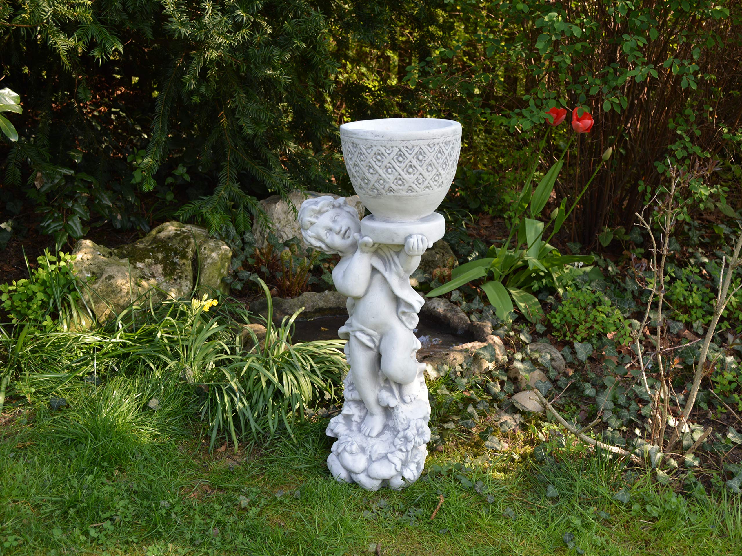 gartendekoparadies.de Junge mit Blumentopf Pflanzgefäß aus Steinguss, H. 66 cm, 2 Liter, 23 kg, Grau, frostsicher für Außenbereich