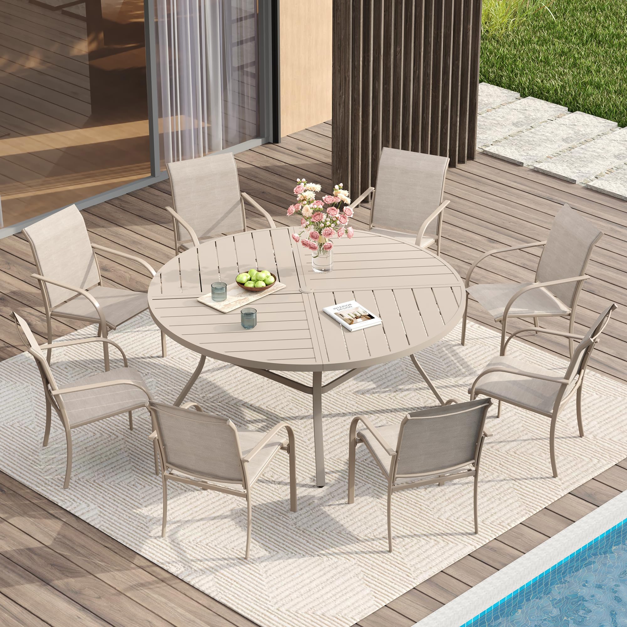 VICLLAX Patio Table and Chair Set of 8, All Weather Metal Round Outdoor Dining Furniture Set-53 Round Outdoor Table and Chairs, Sandshell Tabletop