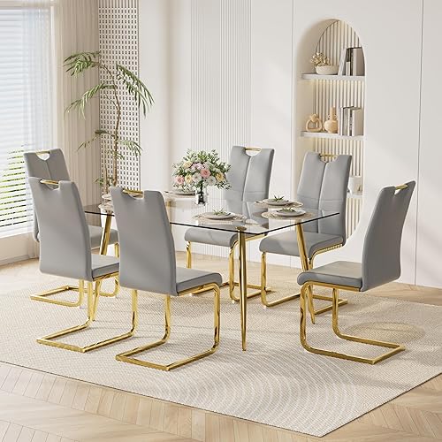 Miniatura 20 de Juego de mesa de comedor moderno de 51" de 7 piezas para 6, mesa rectangular de cristal con 6 sillas tapizadas en cuero, capacidad para 6 personas,