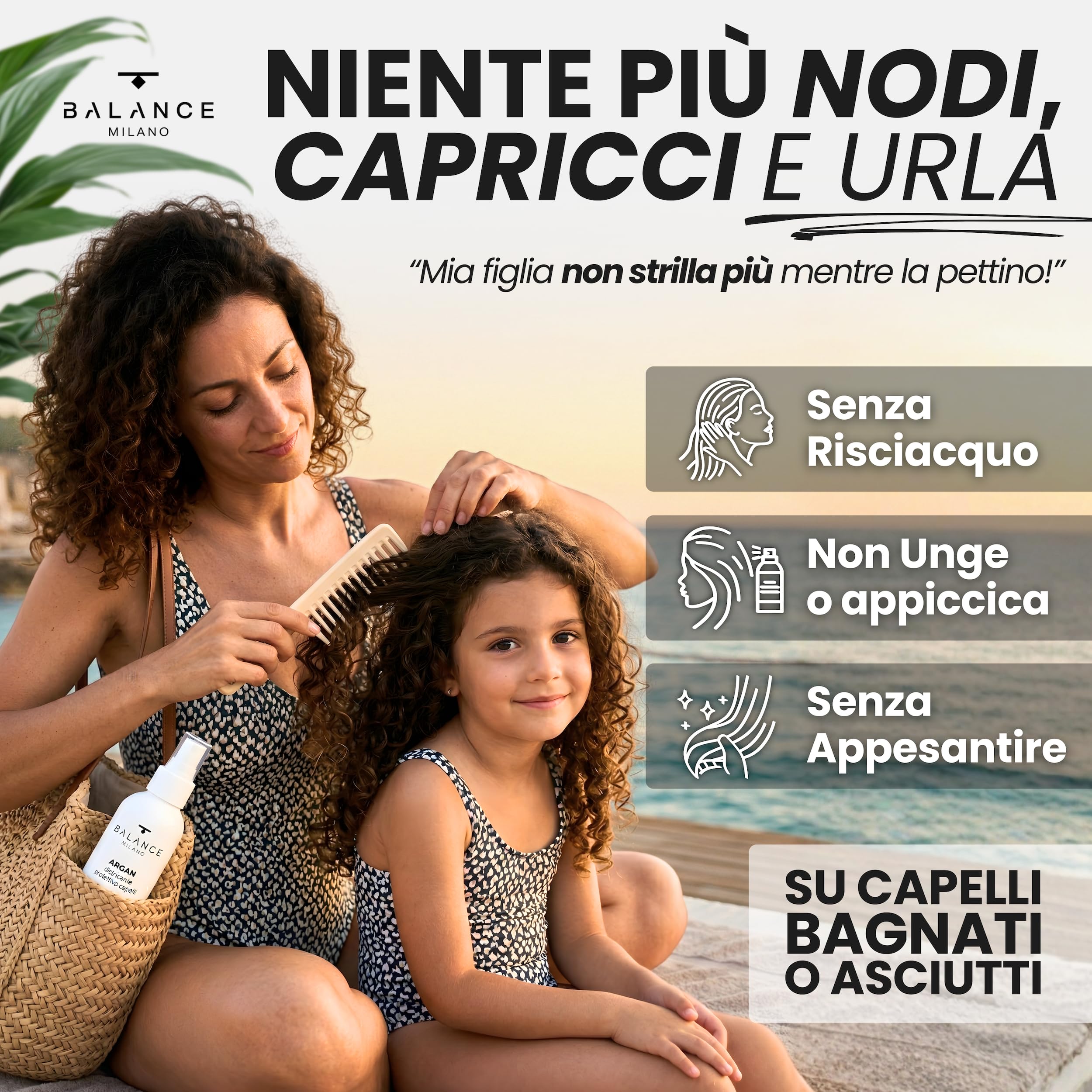 BALANCE MILANO - Spray Districante Capelli Senza Risciacquo con Olio di Argan - 100ml - Made in Italy - Protegge da Raggi UV e Calore - Nutre e Idrata - Protezione Solare Capelli