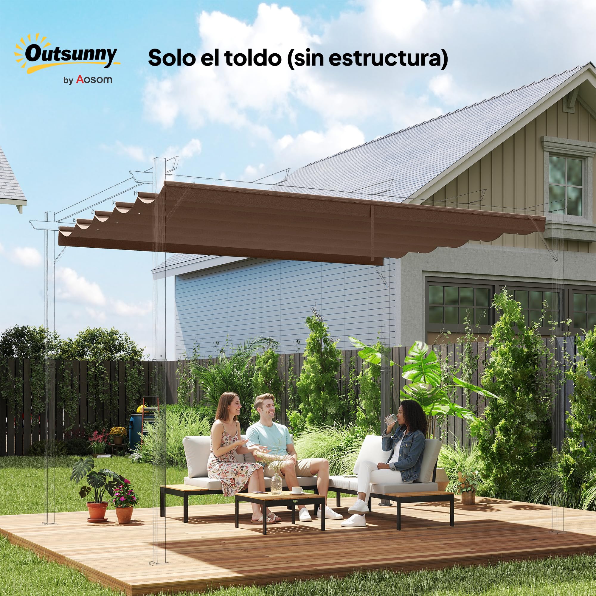 Outsunny Techo de Pérgola 3,5x2,6 m, Techo de Repuesto Retráctil para Marco de Pérgola de 4x3 m, UV30+, Toldo de Tela Solo para Cenador Jardín con 10 Orificios de Drenaje, Café