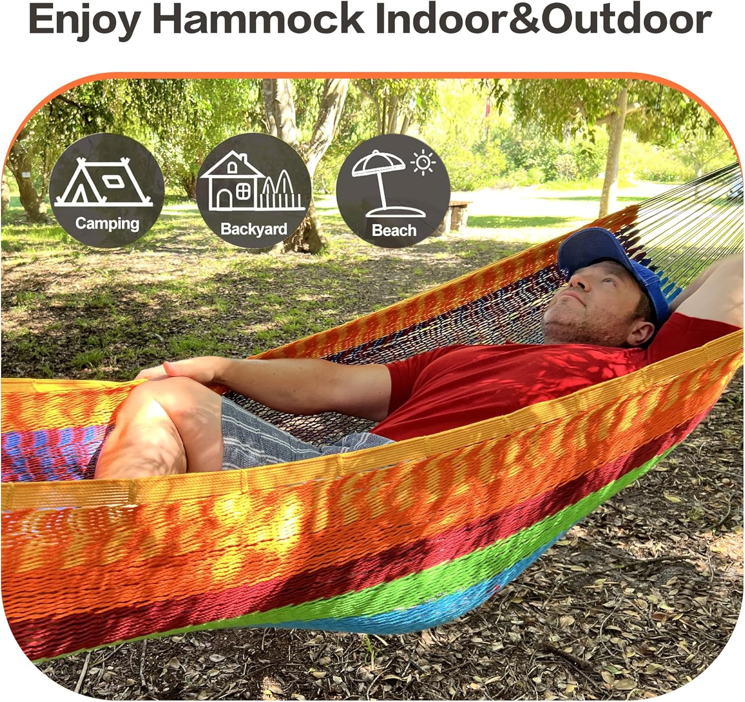 CHULIM Handwoven Mayan Hammock with 10ft Tree Straps, 550lbs Capacity Soft Rope Double Hammock, Portable Outdoor Hammock with Carry Bag for Camping Backyard Beach - Multi Color