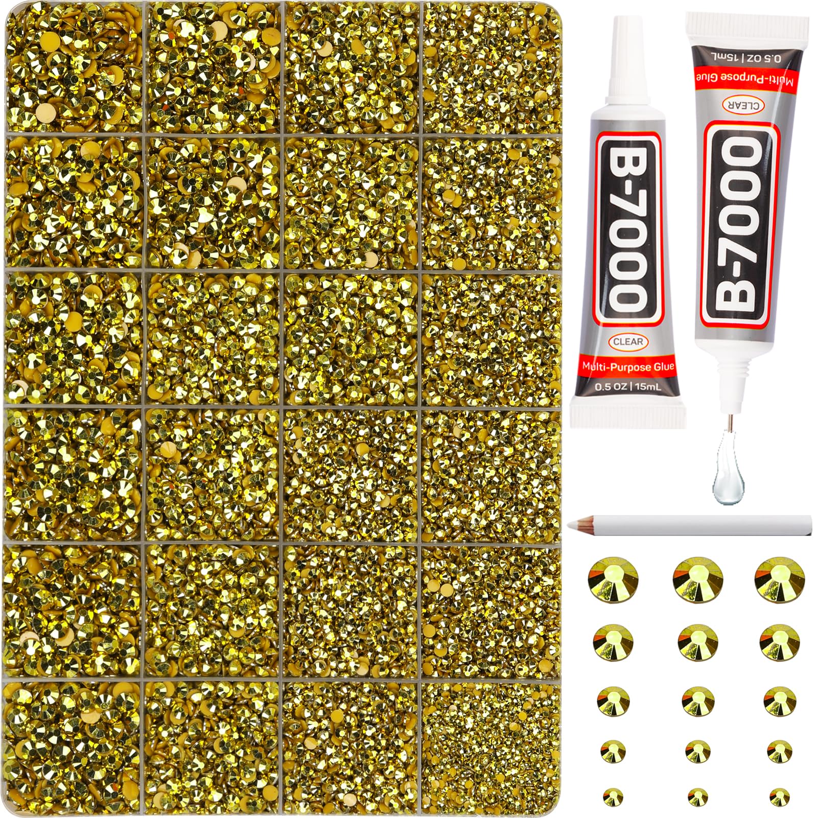 20100Pcs Metallic Gold Rhinestones with b 7000 Glue for Bedazzling Crafts Clothing Clothes, Flatback Crystals Diamonds for Fabric Shoes Flat Back Rhinestones Bulk Bedazzle Kit 2/3/4/5/6mm