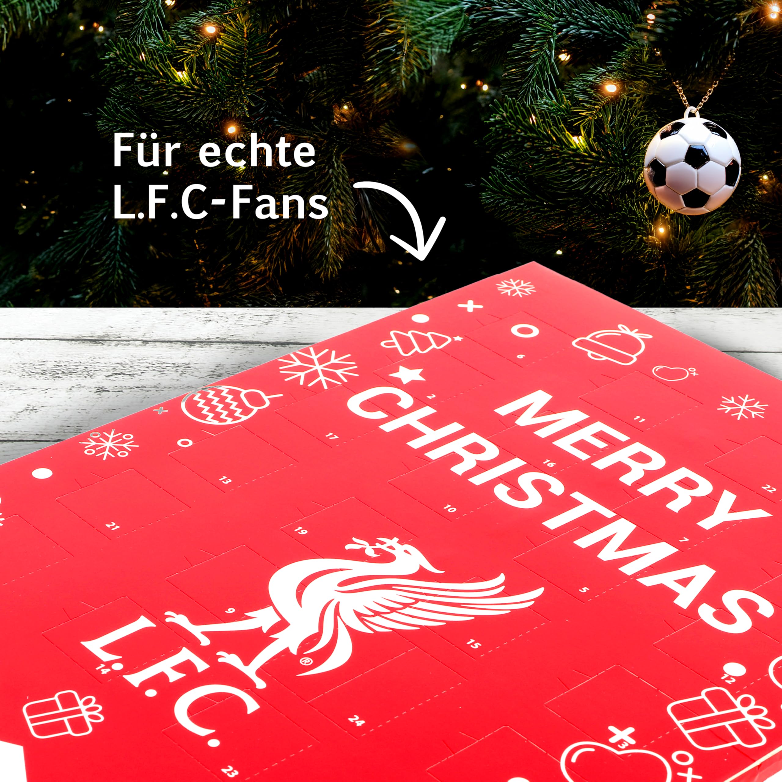 Gunz Liverpool FC Calendrier de l'Avent au motif de football Fairtrade Chocolat – Calendrier de Noël avec 24 surprises au chocolat (120 g) + carte postale à l'arrière – Cadeau de l'Avent pour les
