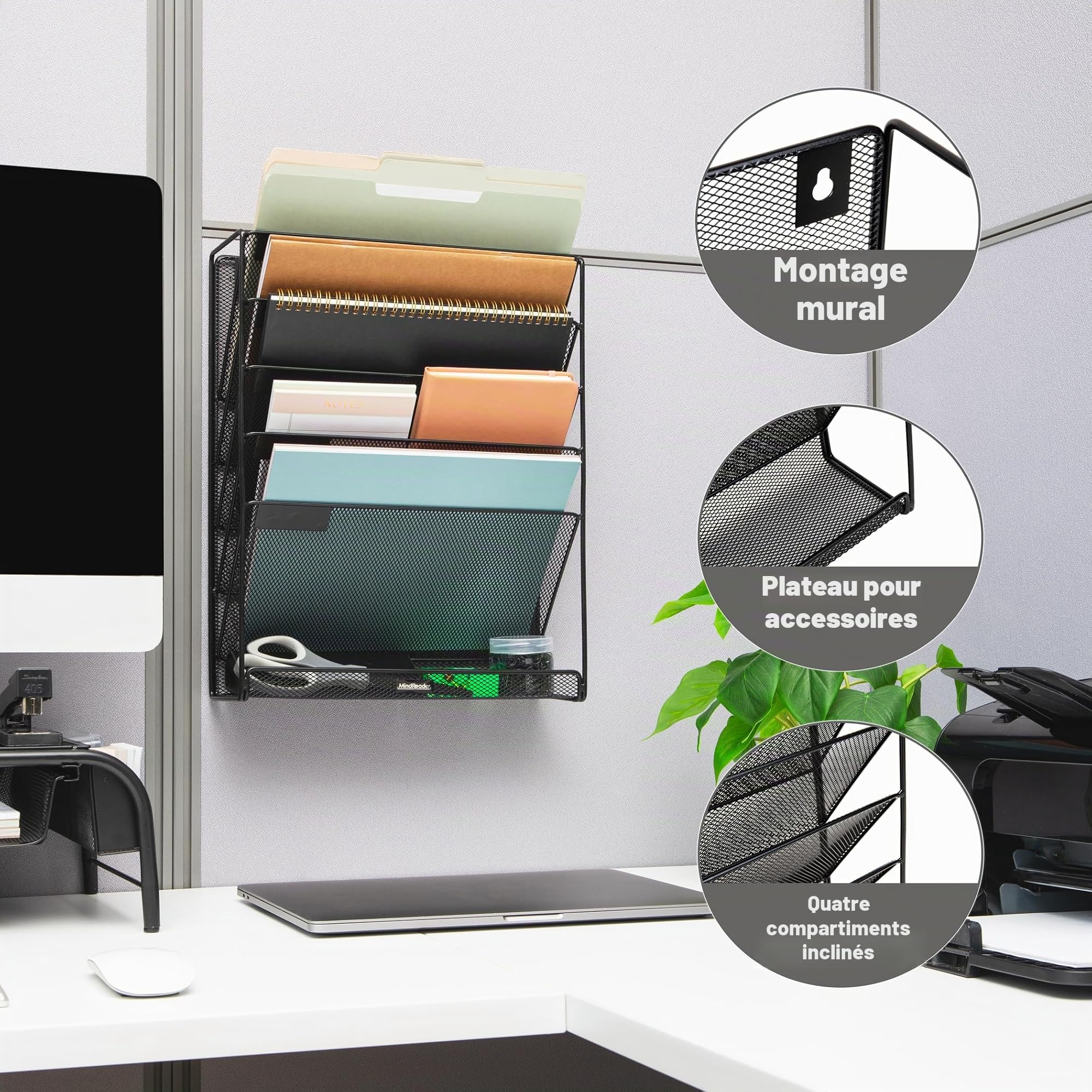 Mind Reader Rangement vertical de fichiers à 5 niveaux, organiseur de bureau, support mural, bureau, maille métallique, 32,75 (L) x 10,2 cm (l) x 40,6 cm (H), noir