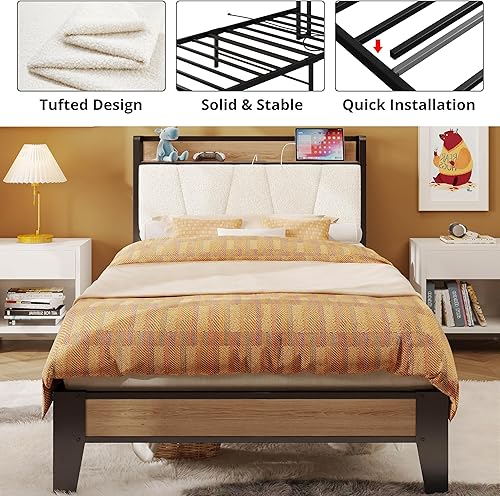 Miniatura 4 de LIKIMIO Marcos de Cama Twin XL, Cabecera de Almacenamiento con Estación de Carga, Sólida y Estable, Sin Ruido, No Necesita Somier, Fácil Montaje,