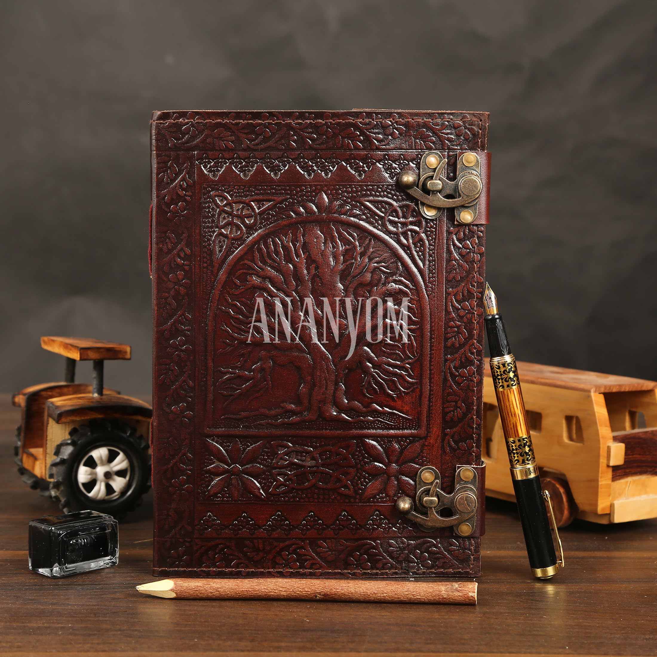 Tree Of Life Leather Journal | Embossed Handmade Sketchbook With Brass Lock - View #12