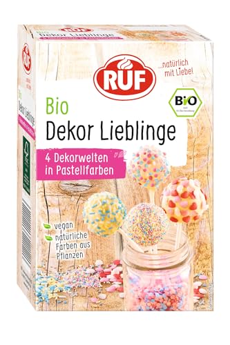 RUF Bio Dekor Lieblinge Dekor-Mix 4 Sorten bunte Back-Dekoration mit Zucker-Streuseln Zucker-Perlen & Zucker-Herzen ohne künstliche Farbstoffe vegan 140g