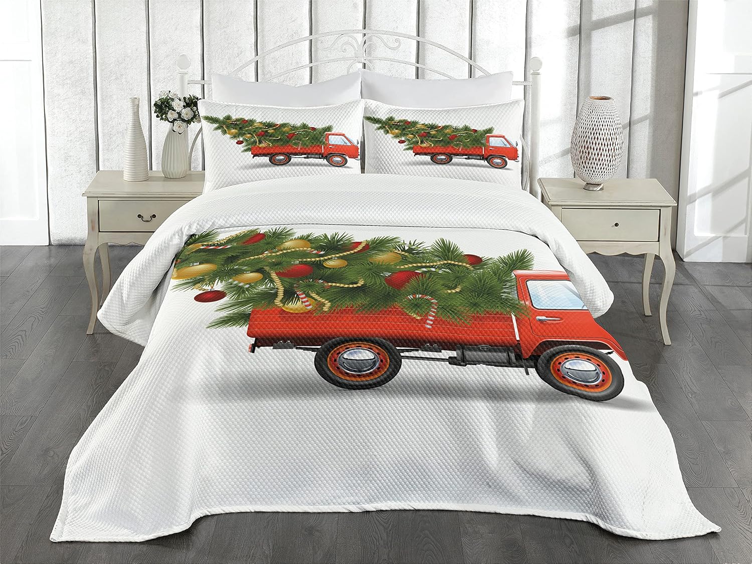 Ambesonne Christmas Bedspread, Red Retro Style Farm Truck and Big Xmas Tree Tinsel Balls Candy Design, Decorative Quilted 3 Piece Coverlet Set with 2 Pillow Shams, Queen Size, Green White