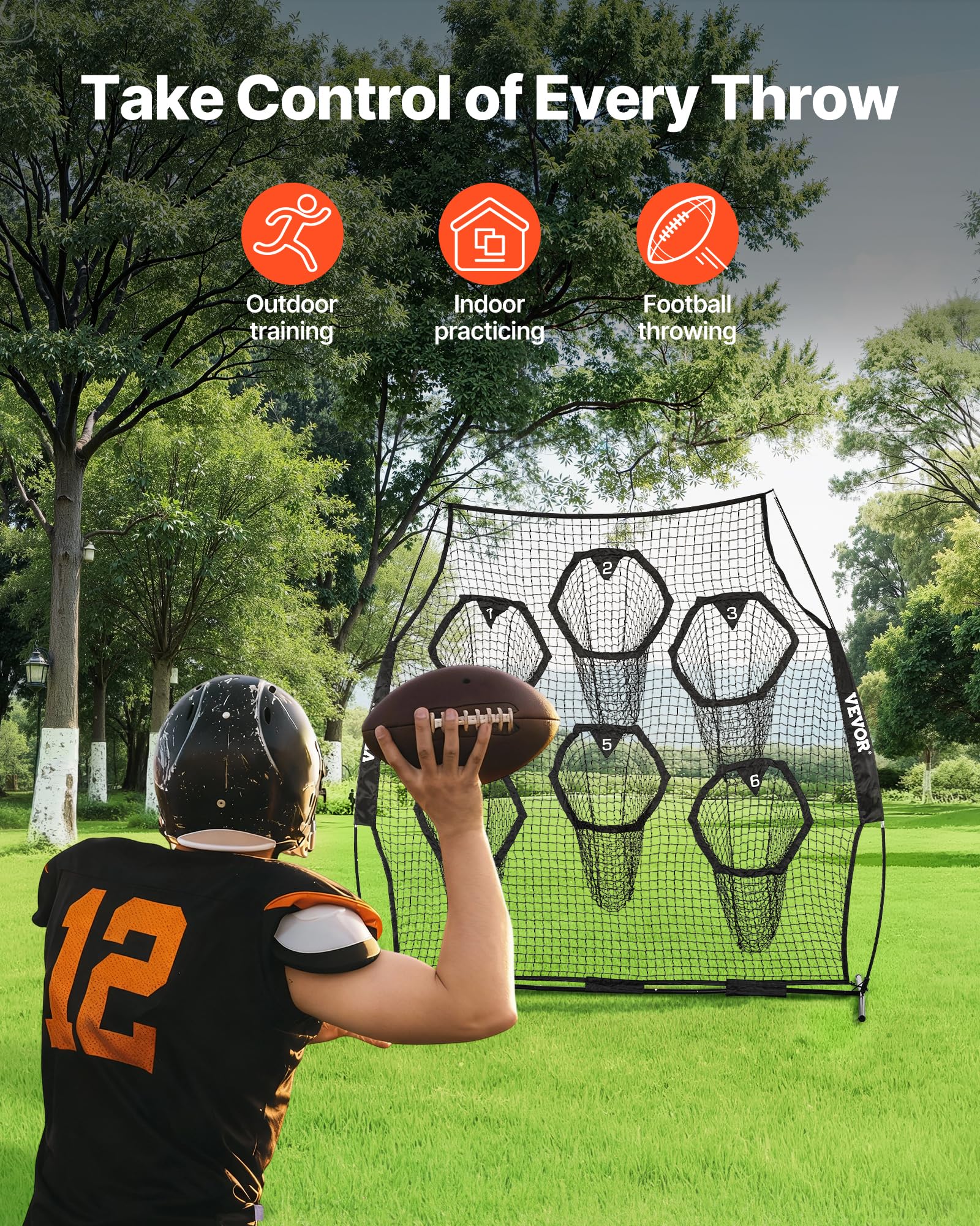 VEVOR Filet d'entraînement pour Football 274 x 243 cm, Filet de Lancer de Rugby avec 6 Poches pour cibles, sans nœuds, Sangles et étui de Transport Inclus, pour améliorer la précision de Lancer, Noir