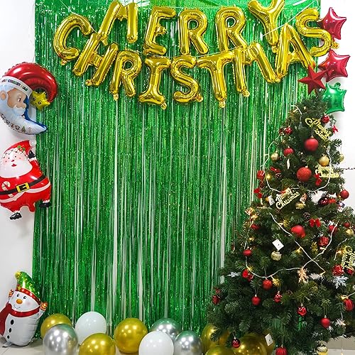 Miniatura 4 de GREATRIL Cortinas de flecos de oropel rojo y verde para fiesta de Navidad, telón de fondo de cabina de fotos, 3.2 pies x 8.2 pies x 4 paquetes