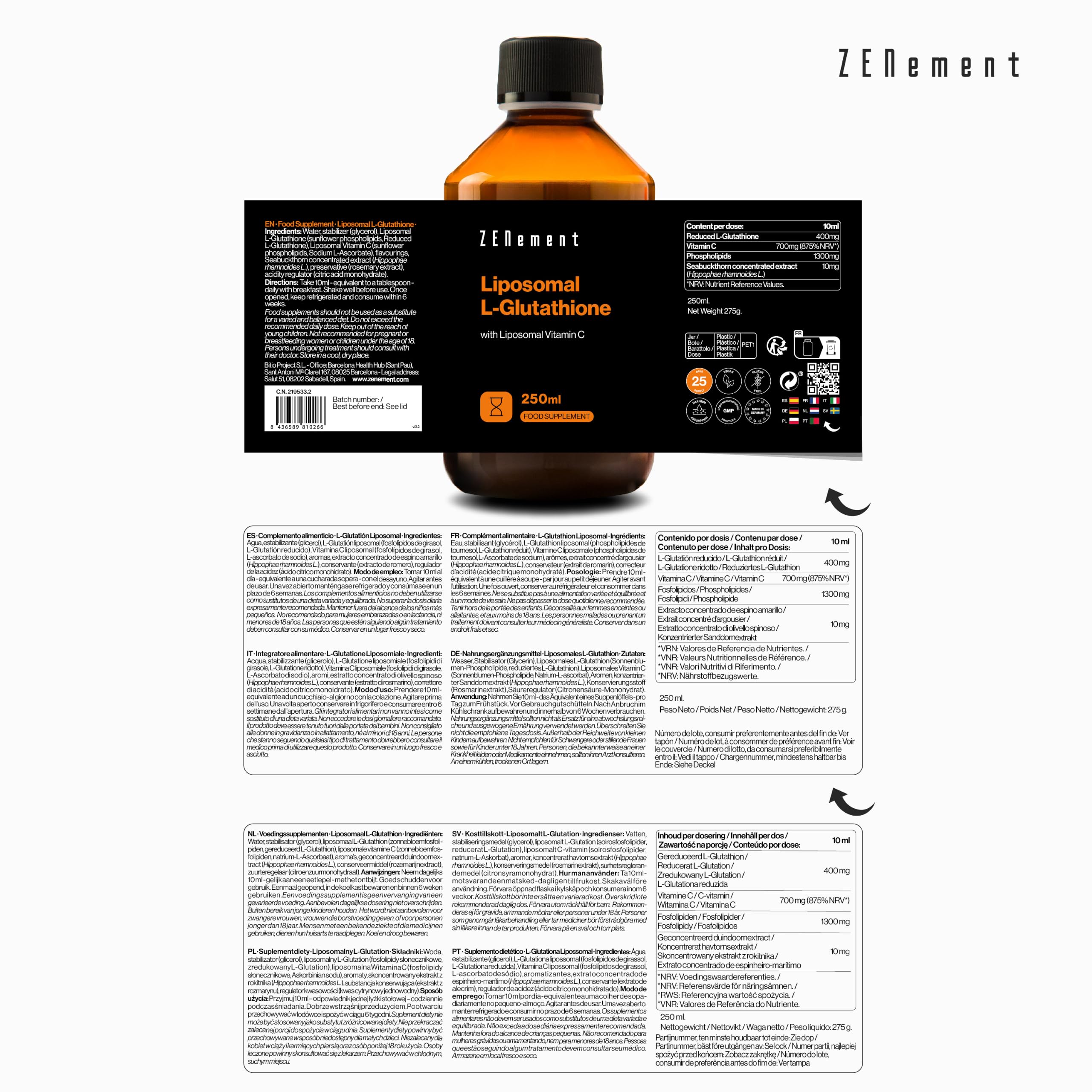 Glutathion Liposomal mit Vitamin C für maximale Bioaktivität | Hochdosiert, Vegan, Laborgeprüft | Zenement