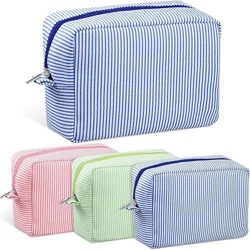Sanwuta Bolsa de cosméticos de sirsaca a rayas, 3 piezas, bolsa de maquillaje de sirsaca para mujer, organizador grande de artículos de tocador de