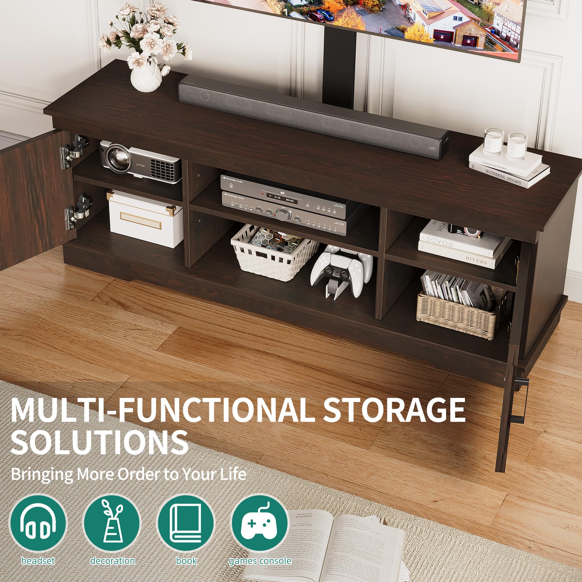 YITAHOME Farmhouse TV Stand with Mount, Sturdy TV Stand Mount for 32/45/55/60/65/70 inch TVs, Entertainment Center with Adjustable Shelf, TV Cabinet Media Console for Living Room, Espresso