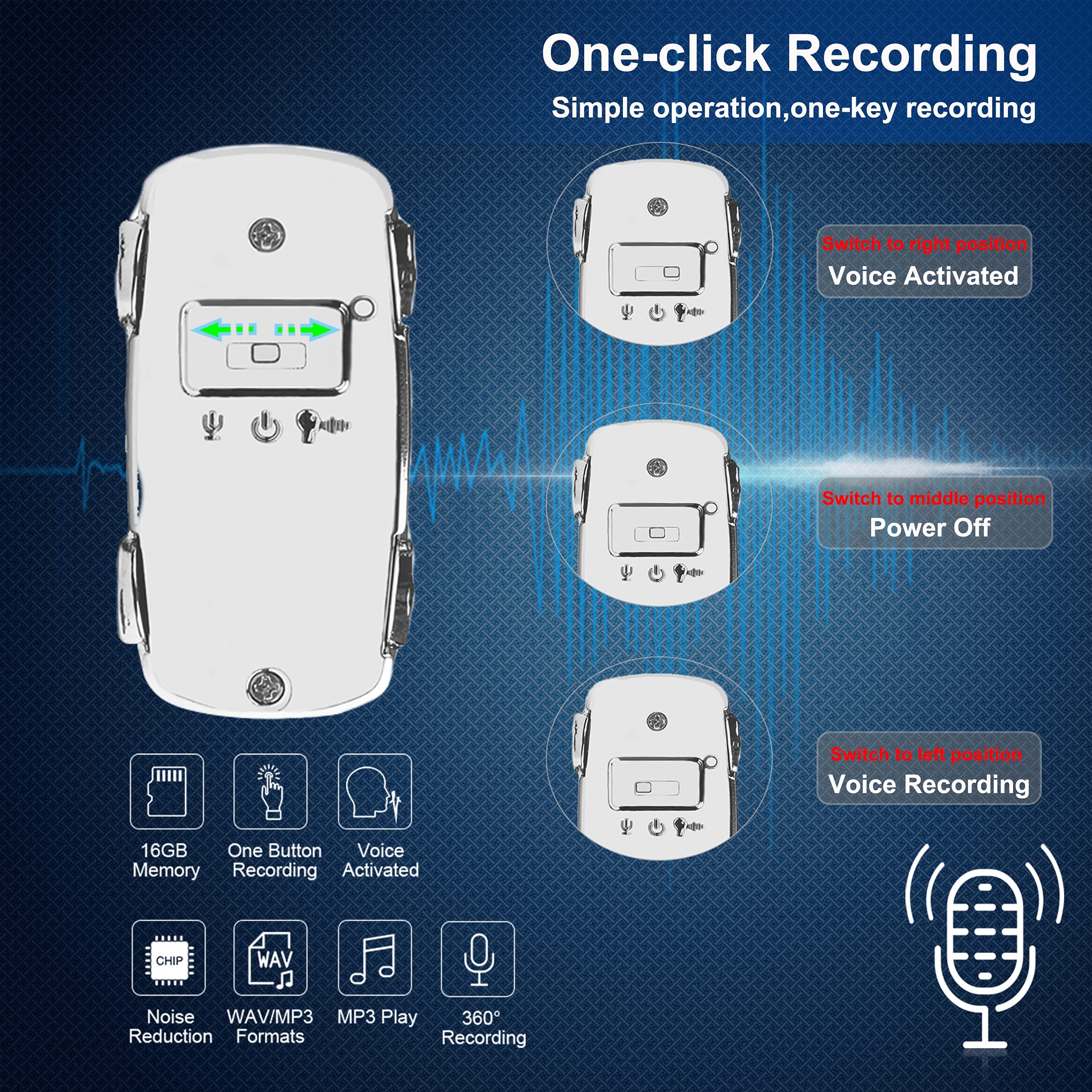 Grabadora de voz digital, 16 GB, grabadora activación de voz, MP3, reproducción de 15 horas, dictáfono con batería recargable de 3,5 mm, auricular reproducción