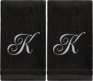 Monogrammed Towels Fingertip, Personalized Gift, 11 x 18 Inches - Set of 2 White Embroidered Towel - Extra Absorbent 100% Cotton - Soft Velour Finish - For Bathroom/ Kitchen/ Spa - Initial K (Black)