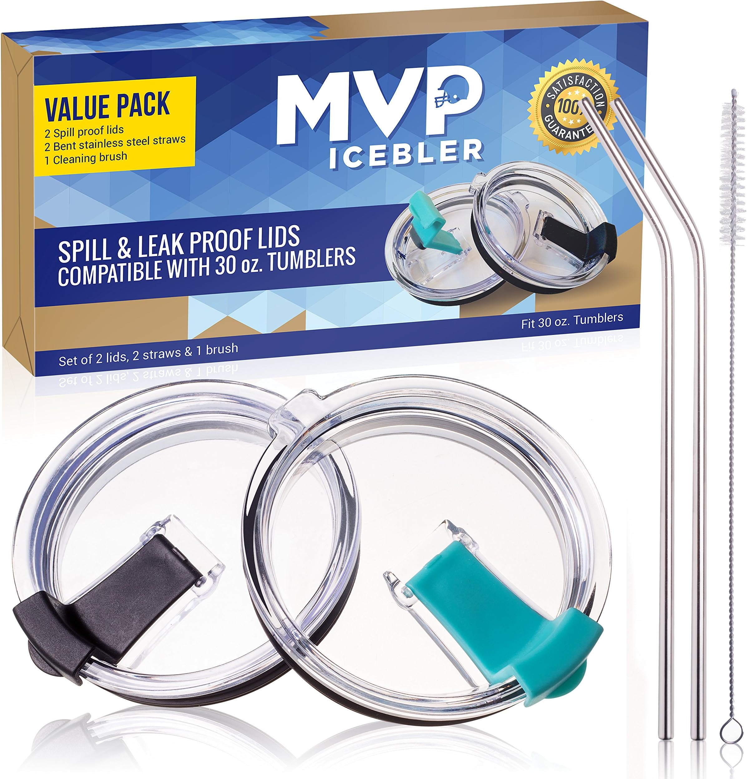 2 Splash Proof Replacement Lids for 30 oz Tumbler, No Leak Spill Resistant Vacuum Lock Black & Teal Cup Lids, Compatible with Yeti Lid, Old Rtic Lid & Ozark Lid, w/ 2 Straws & a Brush, by MVP ICEBLER