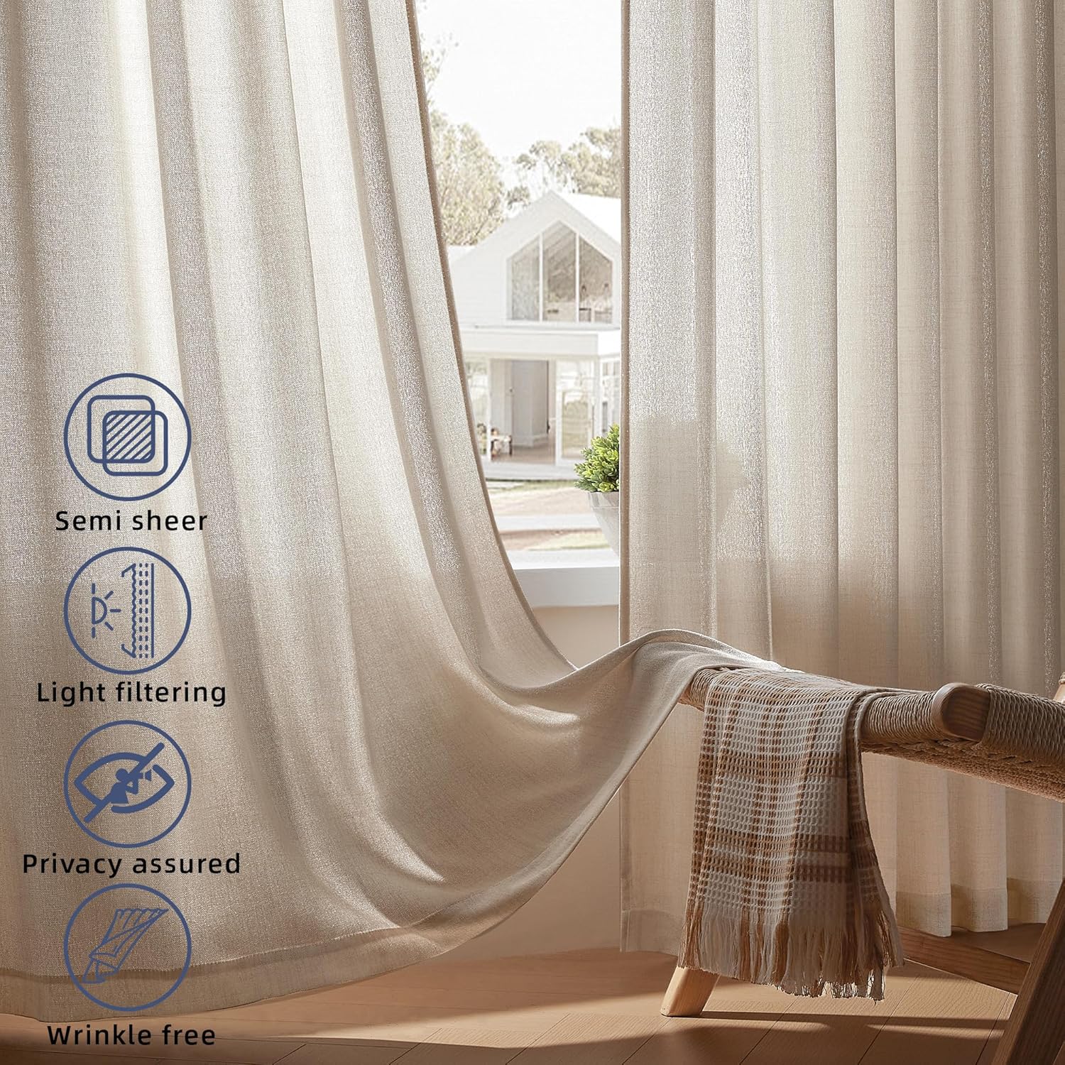 DaysU Linen Curtains - 108 Inch Long, 2 Panel Set for Bedroom/Living Room, Oatmeal Semi Sheer Farmhouse, Rod Pocket, Light Filtering Privacy