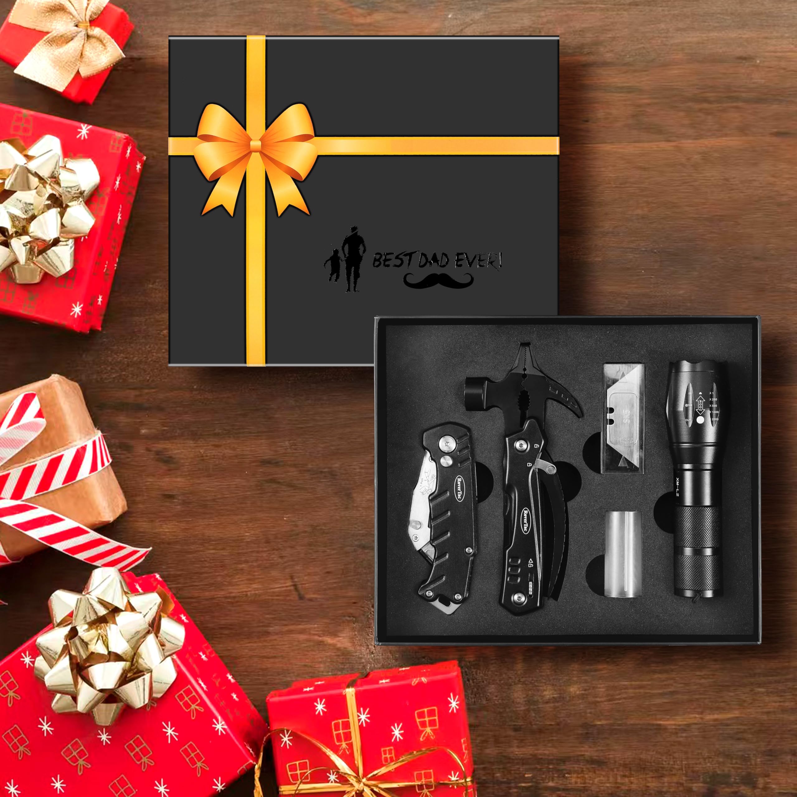 RoverTac Dad Tool Gift Set, 12-in-1 Multitool Hammer, Flashlight & Utility Knife in a Gift Box with 