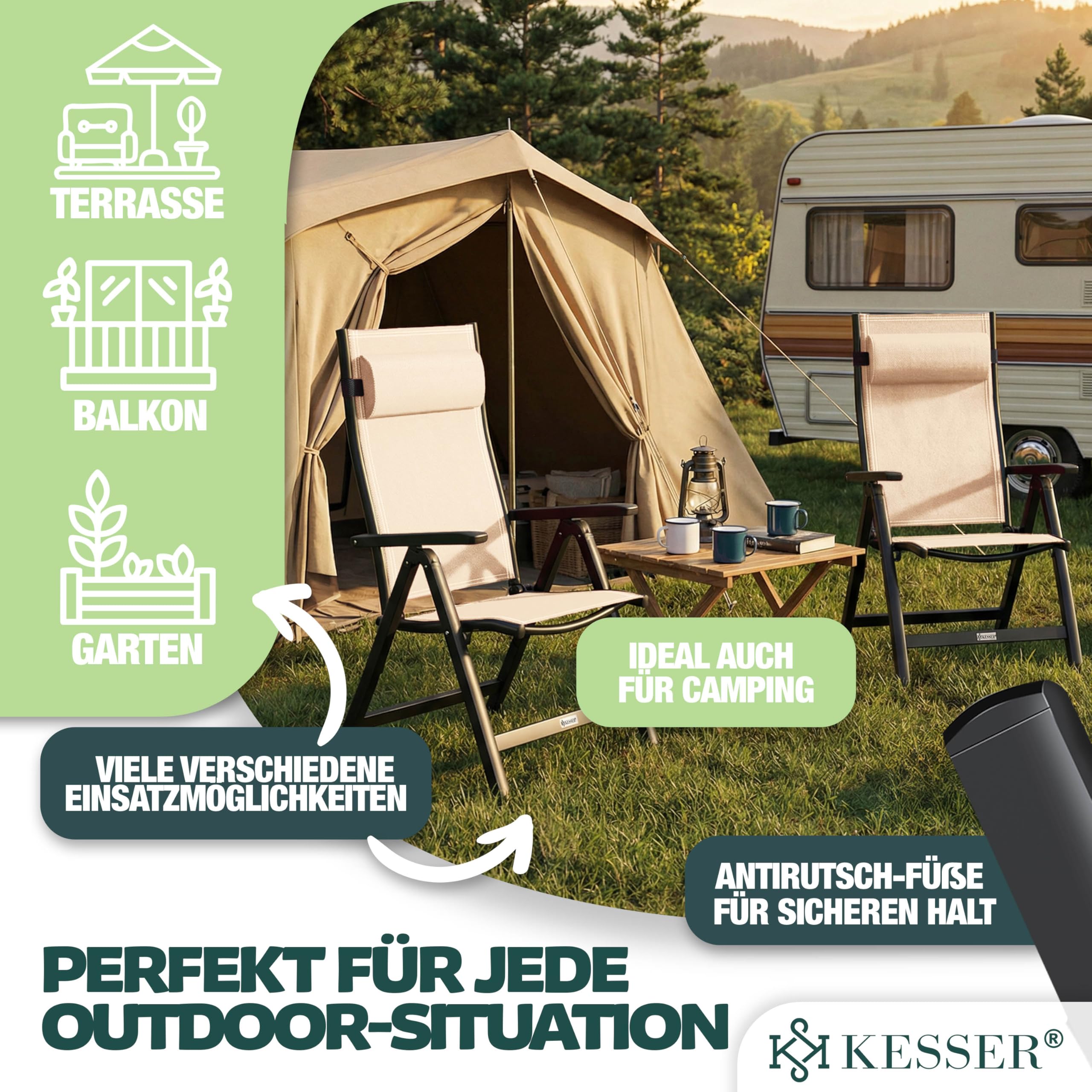 KESSER® Sedia da giardino con schienale Alto, con braccioli, in alluminio, con cuscino, regolabile in 7 posizioni, Resistente Alle Intemperie, pieghevole, 1 Unidad, Beige
