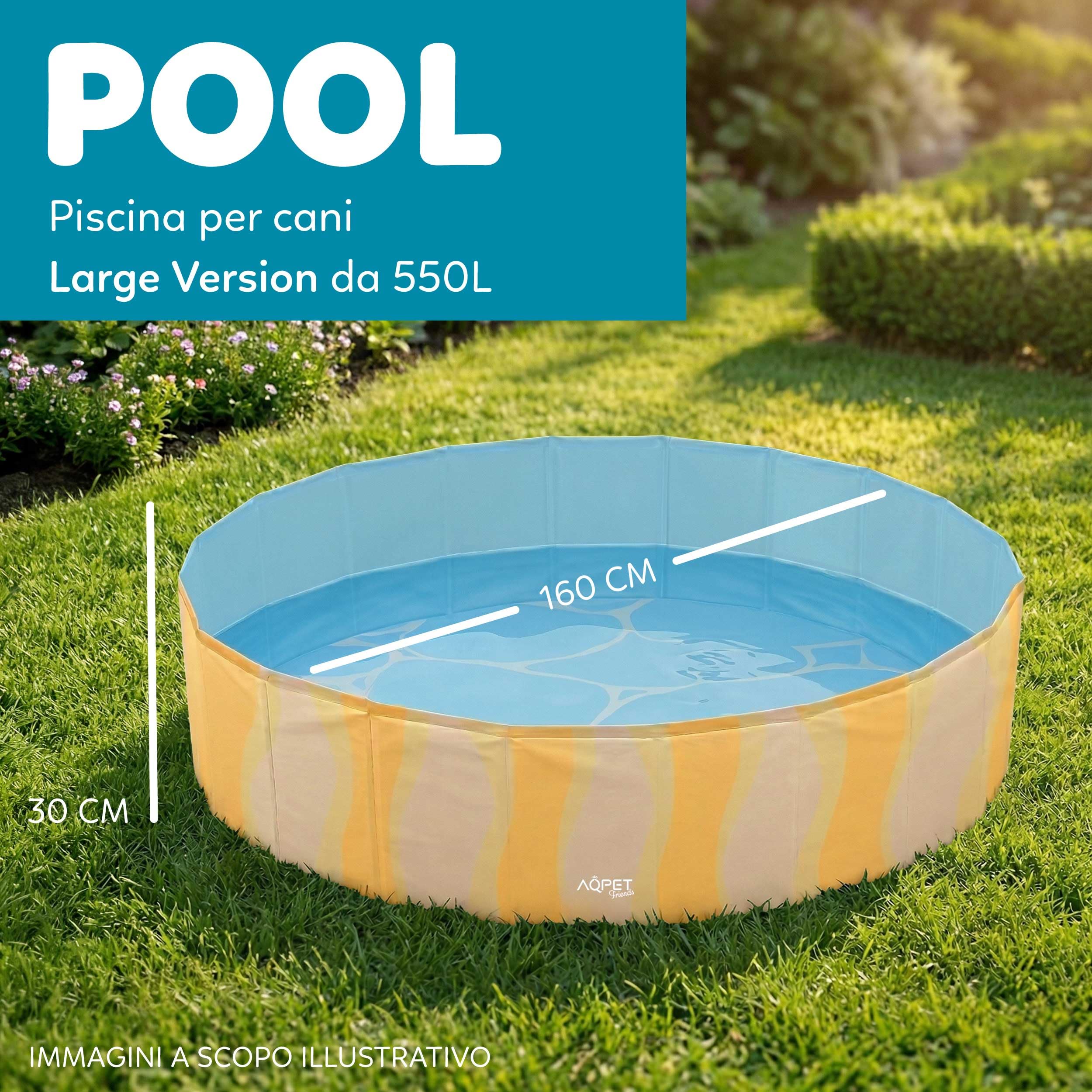 AQPET AqpetFriends Piscine en Plastique pour Chien, Animaux domestiques, Pliable, de Jardin, 160 x 30 cm, Motif mer