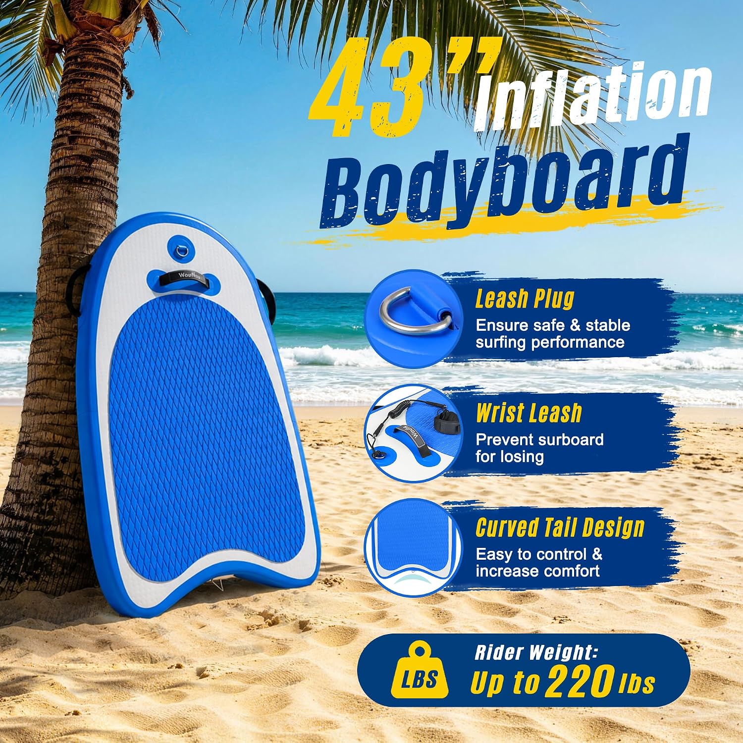 Thick Inflatable Bodyboard for Beach & Surfing | 43" Lightweight Body Board with Handles & Wrist Leash, Durable Foldable Surfboard Suitable for Most Body Sizes & Most Skill Levels
