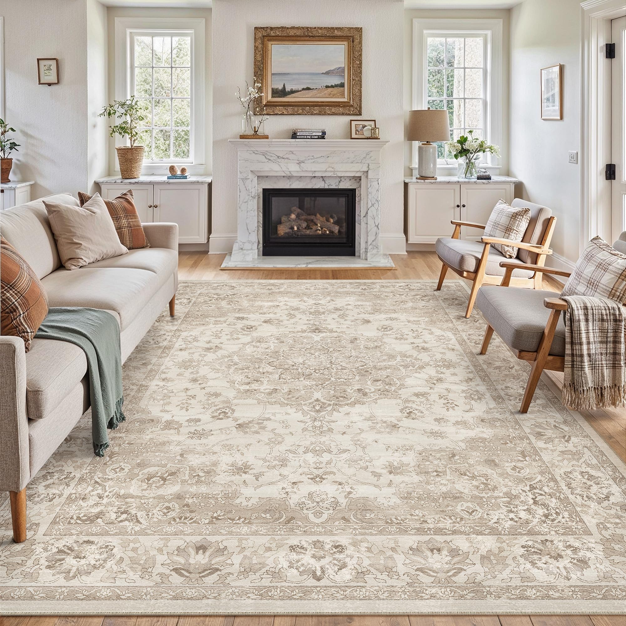 PureCozy Beige Living Room Area Rug, 240x300cm Machine Washable Non Slip Vintage Traditional Extra Large for Bedroom Dining Room Office, Stain Resistant Thin Printed Cream Carpet for Indoor Home Decor