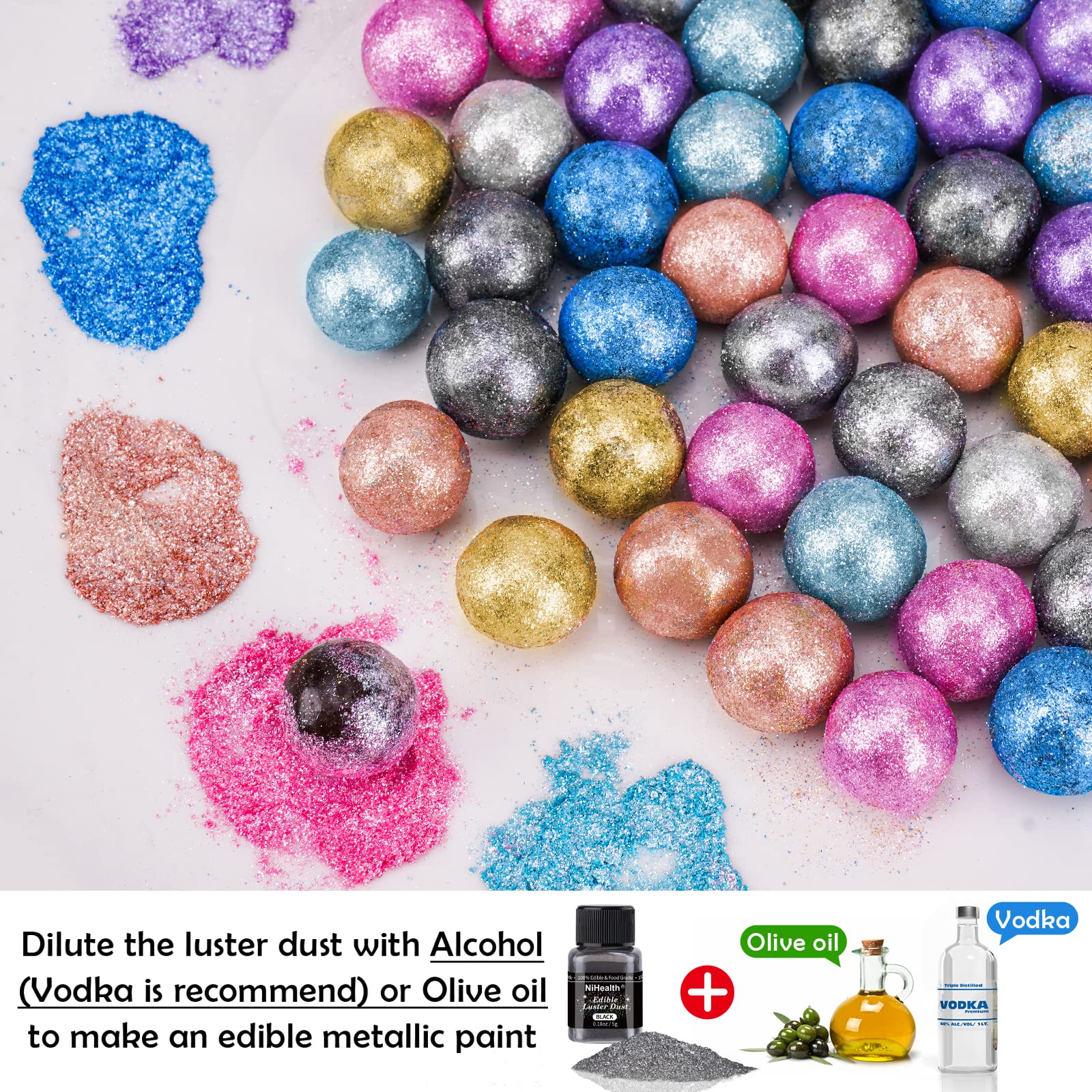 NiHome Edible Food-Grade Glimmer Powder Glitter Luster Dust Metallic Food Decorating Sprinkle Glimmery Dust for Drink Wine Beverage Cake Candy Dessert Bakery Restaurant Vegan (0.18oz/5g, Iridescent): 0.35 oz (10 g) Black