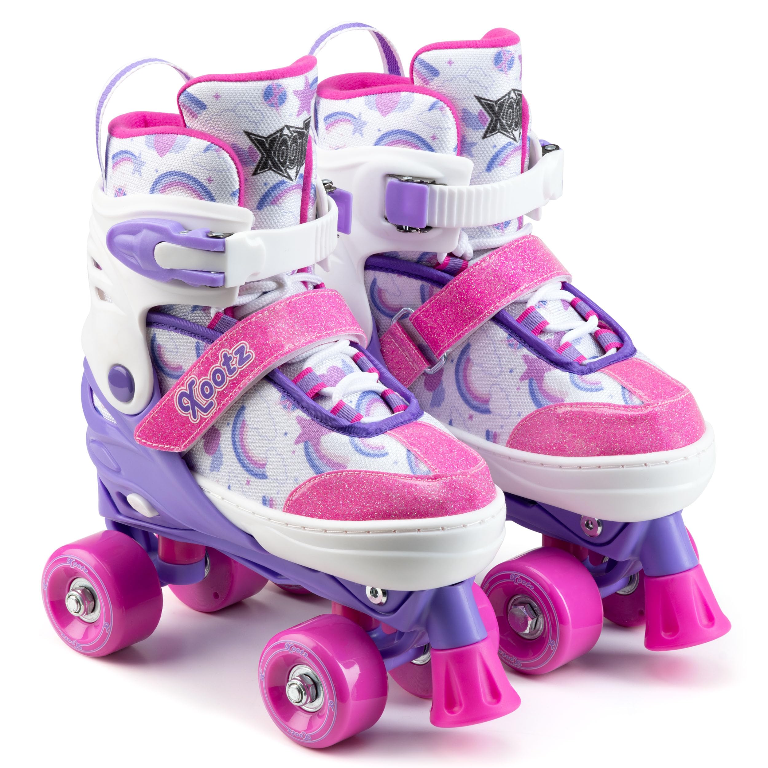 Xootz Semi Soft Stardust Skates, Kids Adjustable Roller Skates, Glitter Print Quad Skates with PVC Wheels, High Impact PP Boot, 608Z Bearings, Girls Boys Roller Skates for Ages 5+
