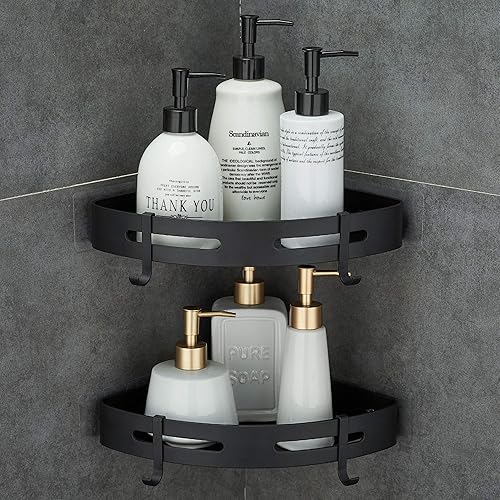 Miniatura 8 de Hoomtaook Estante esquinero de ducha de 2 niveles, estantes de esquina de baño, estantes de esquina de baño, estantes de ducha adhesivos, estante de