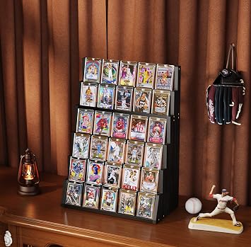 Card Display Stand, 6-Tier Trading Card Display Stand, Wooden Detachable Graded Sports Card Display with Top Storage, Trading Card Display Case for Card Collection & Show (Black)