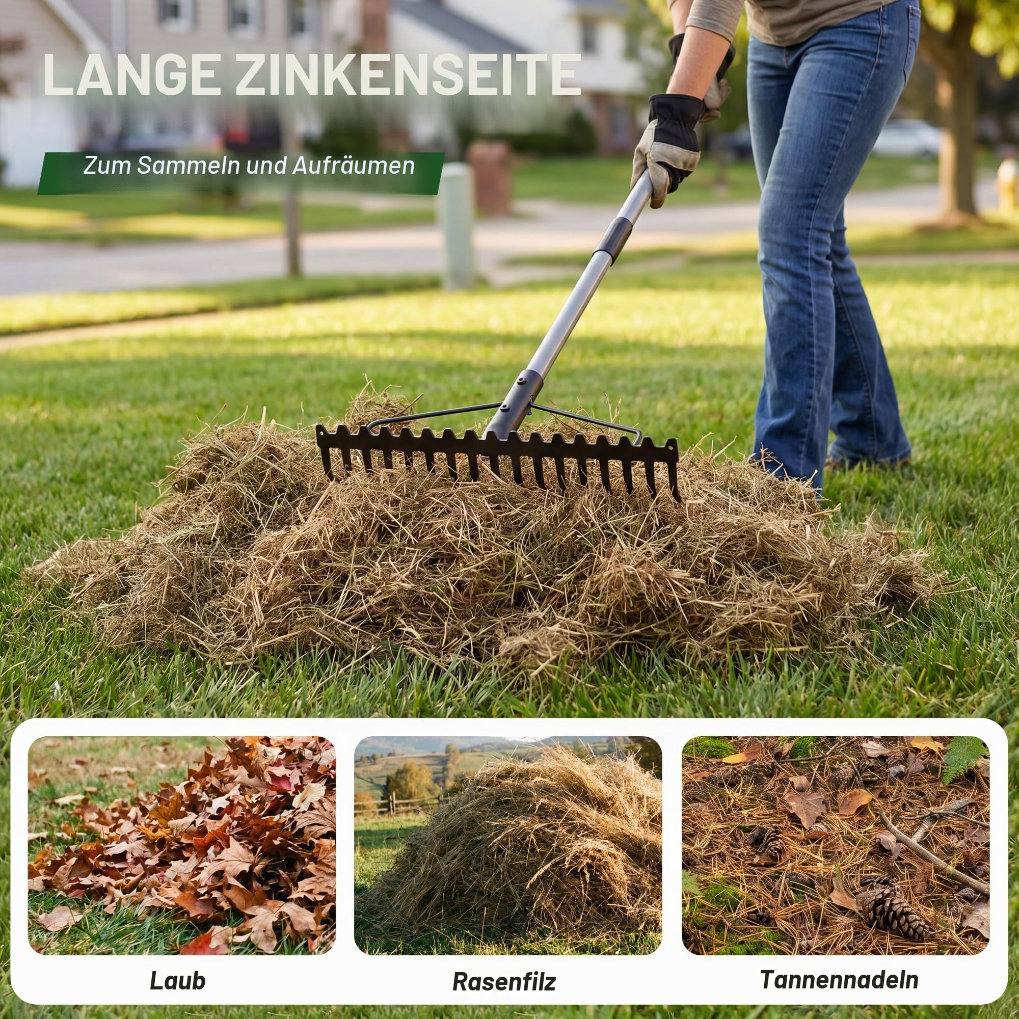 Walensee Garten Rechen, 165cm Metall Rechen , Harke mit 17 Stahlzinken, mit Edelstahlgriff, zum Lockern von Boden und Nivellieren von Rasen,Laubbesen,Rasenrechen, Heurechen für Rasen und Blätter