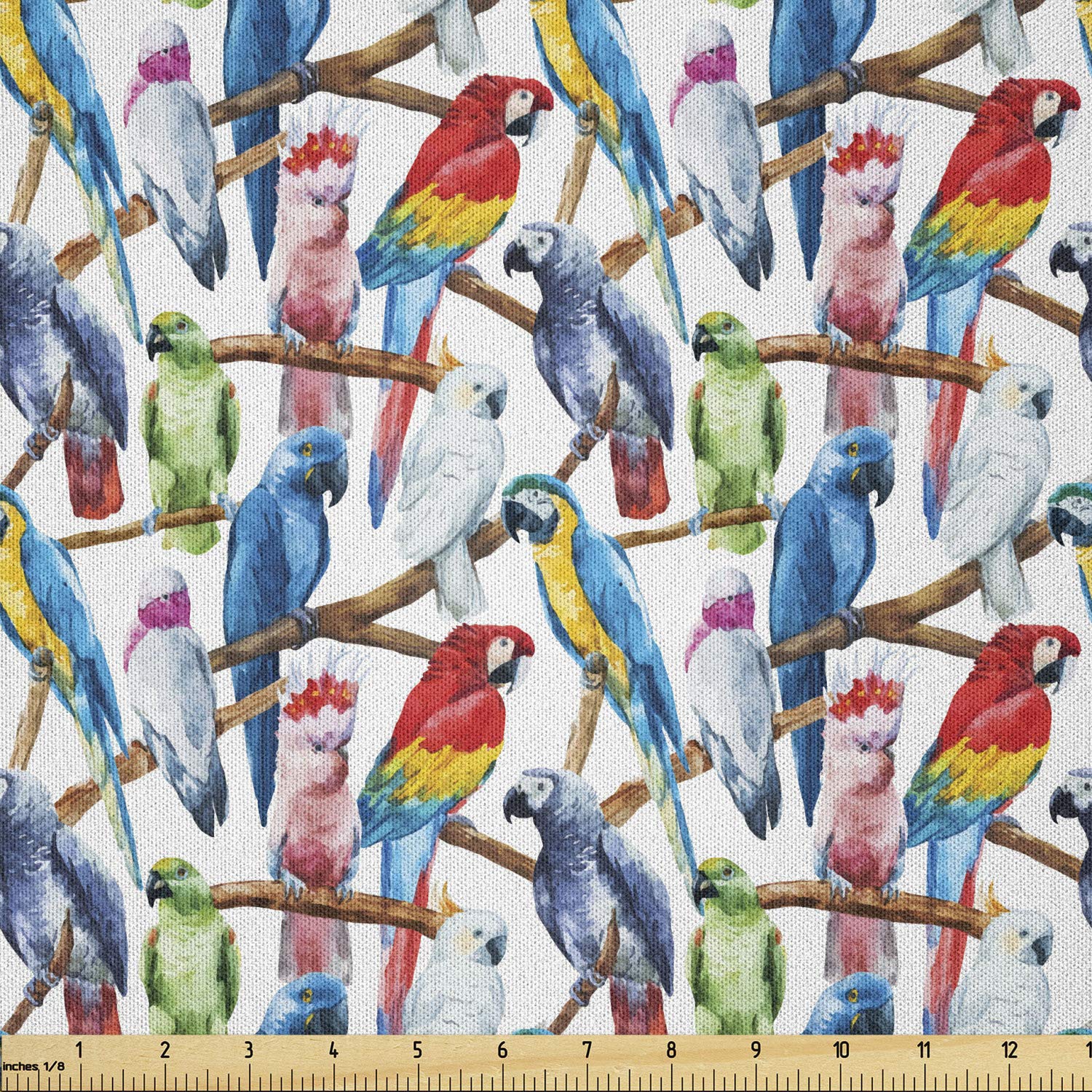 Lunarable Parrots Fabric by The Yard, Colorful Parrots on Tree Branches Exotic Jungle Theme Watercolor Painting Effect, Microfiber Fabric for Arts and Crafts Textiles &amp; Decor, 1 Yard, Cobalt Red