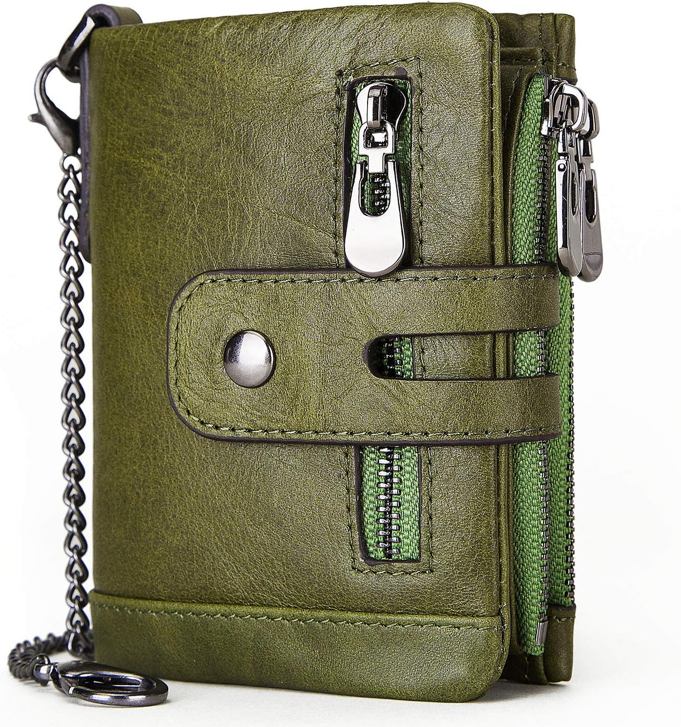 Mens Wallet with Chain RFID Blocking Genuine Leather Bifold Purse for Men with ID Window and Zip Coin Pocket