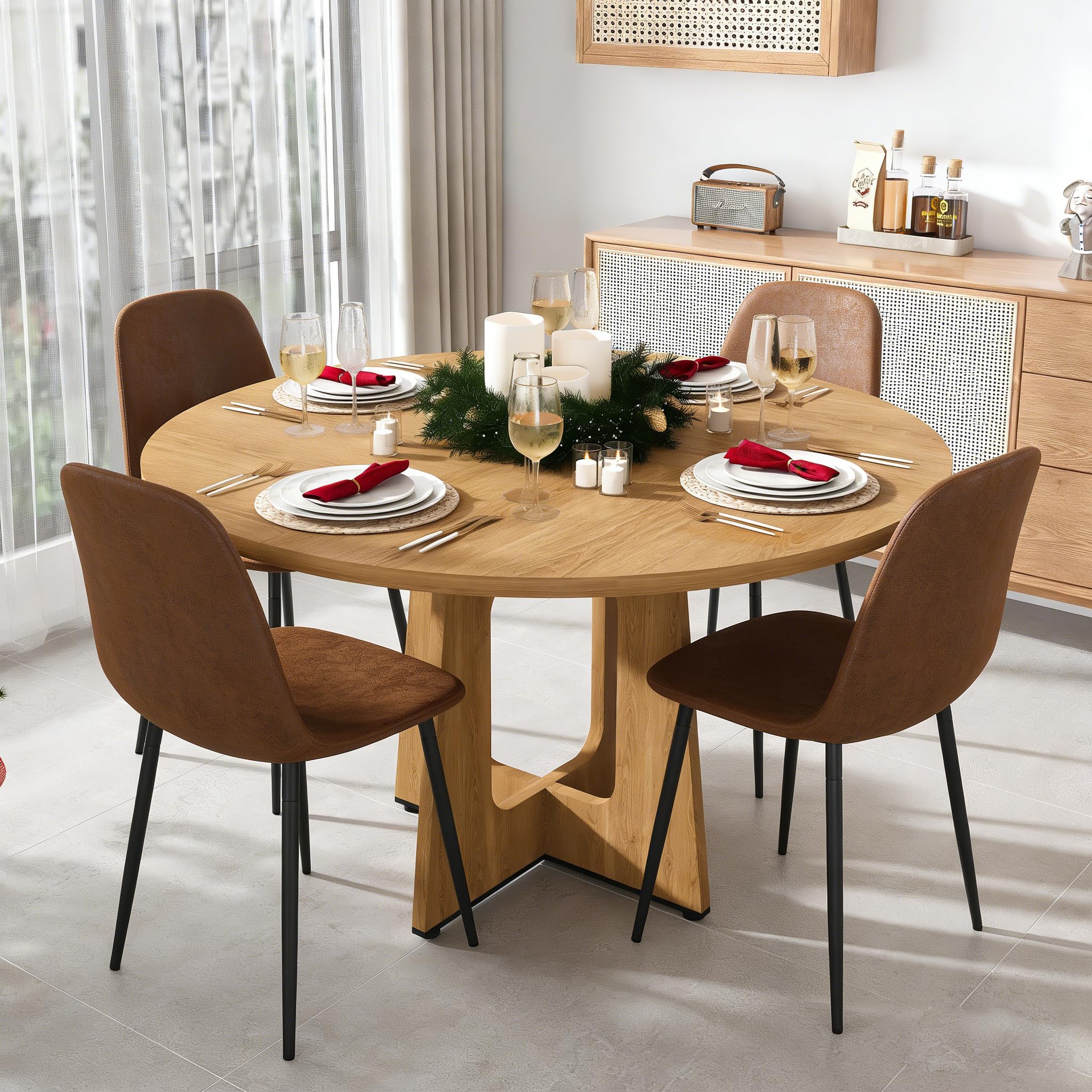 47" Round Dining Table Set for 4, Wood Grain Table and 4 Chairs Set