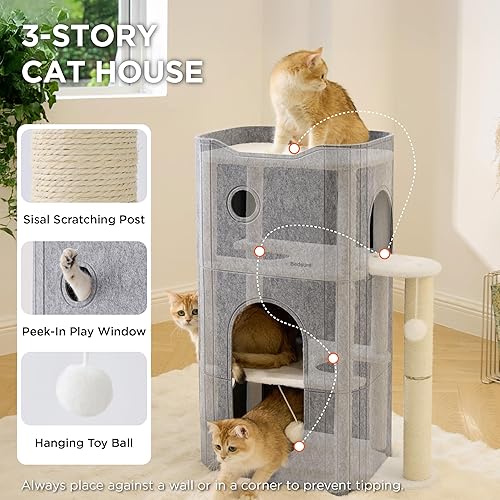 Miniatura 150 de Bedsure Casa para gatos de 2 pisos, condominios para gatos de interior con almohadilla para rascar y colgar bolas esponjosas, muebles pequeños