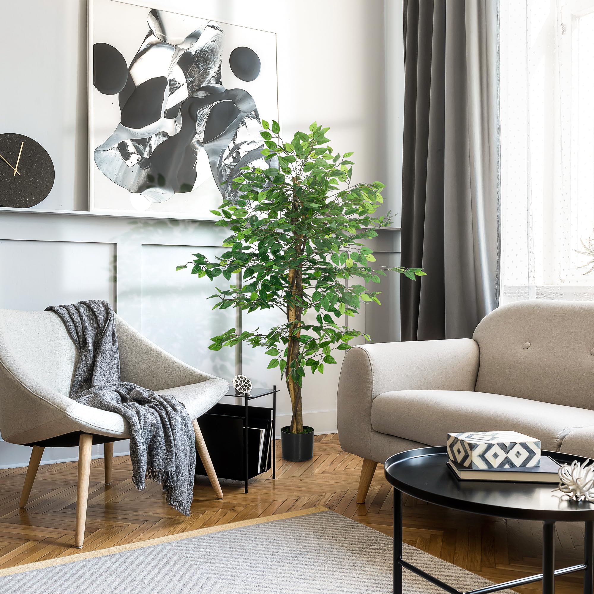 HOMCOM Pianta Finta di Ficus 150 cm con 882 Foglie, Pianta Artificiale da Esterno e Interno, Vaso Incluso, Verde