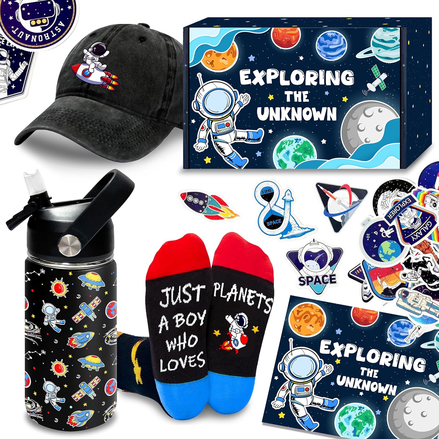 Space Gifts, 6PCS Cool Birthday Valentine Christmas Gifts for Teen Teenage Boys Men Idea, Space Gift Bulk Set Includes 12 OZ Water Bottle Hat Socks Stickers Greeting Card Gift Box