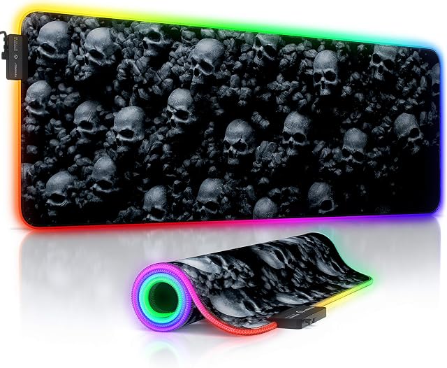 TITANWOLF - RGB Gaming Mouse Mat - 800x300 mm - XXL Extended Large LED Mouse Pad - 7 Multi Colour and 4 Effect Modes  Non Slip Rubber Base - Mice Mat for MacBook Roccat Razer PC  wipeable - Skulls