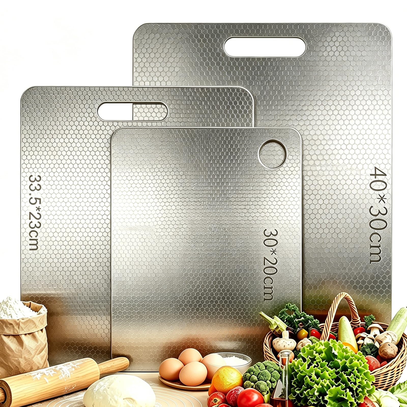 3 Pcs Tagliere in Titanio, Titan Schneidebrett Kratzfest Doppio Lato per Alimenti, tagliere Acciaio Inox, Cutting board in Acciaio Inossidabile, Cutting Board per Frutta, Verdura, Carne