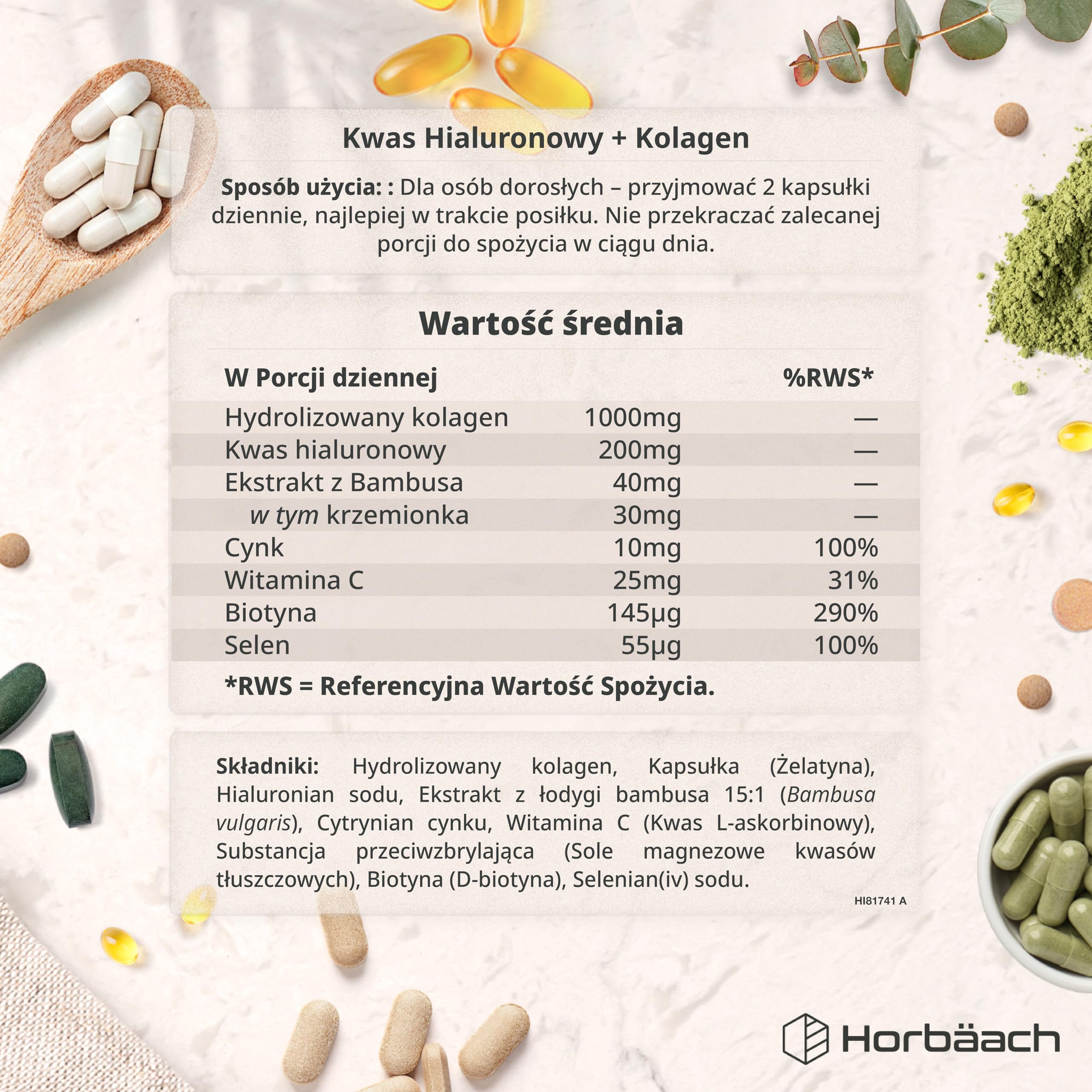 Kolagen z Kwasem Hialuronowym | Hydrolizowane Peptydy Kolagenu Typu I i III | Z Dodatkiem biotyny, cynku i Witaminy C | Suplement na Włosy, Skórę i Paznokcie | 180 Kapsułek | marki Horbaach