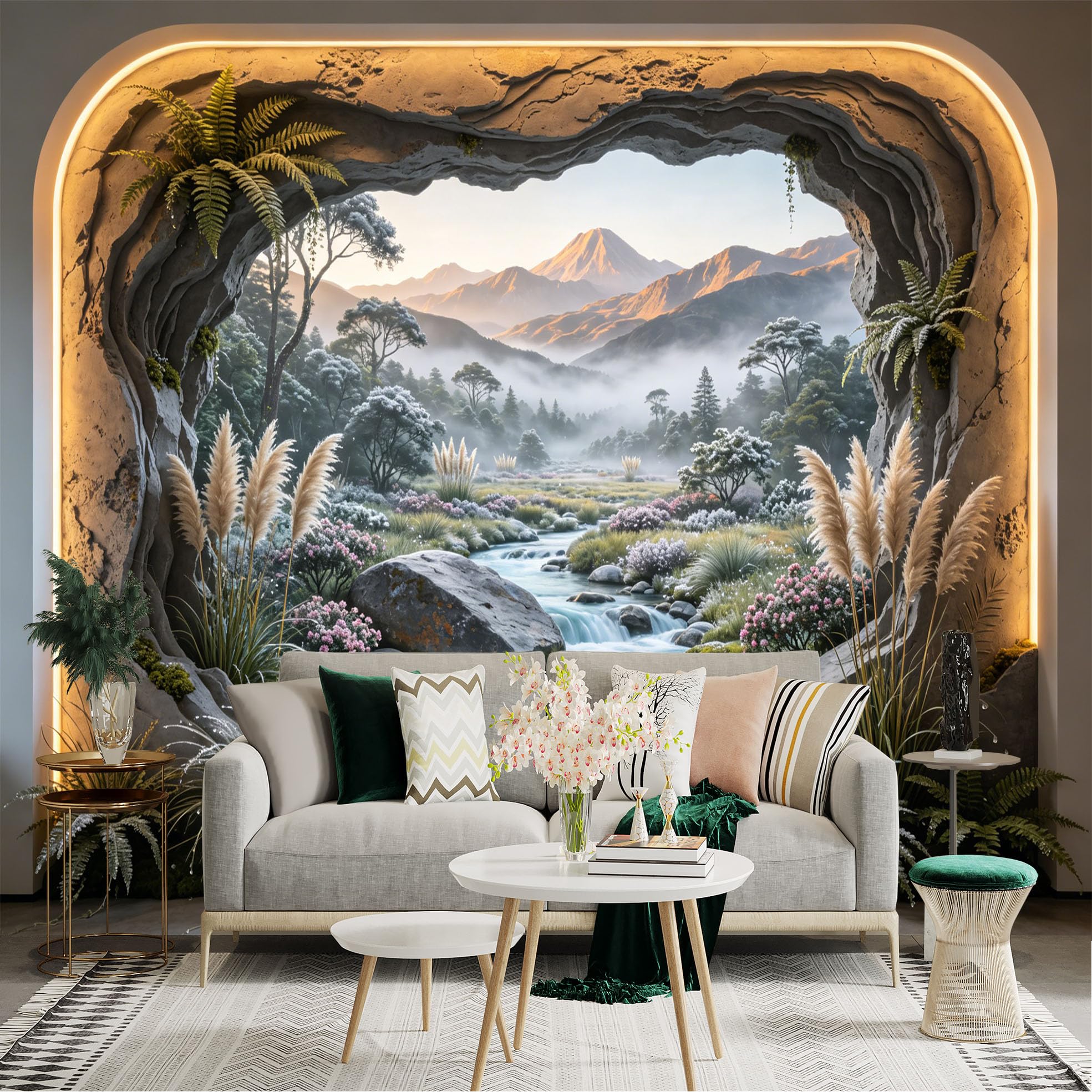 Custom Size Wall Sticker Mural， Mountain Valley with River， Forest and Morning Mist Landscape， for wall Decoration， peelandstick wall Decals.