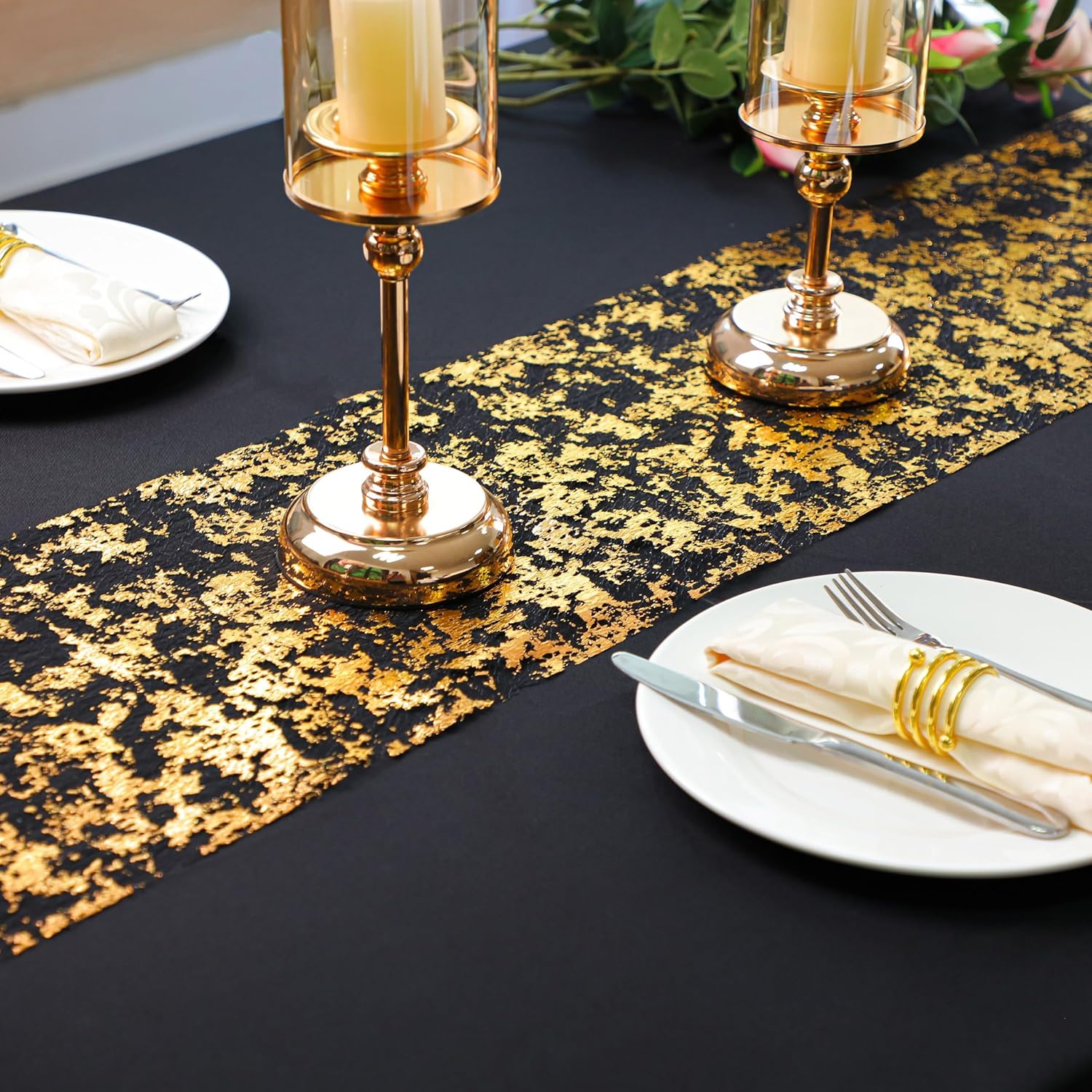 Condition photo showing New/Like New for Snowkingdom 2 Pcs Black and Gold Table Runner, 11 x 108 Inch Gold Metallic Foil Glitter Runners for Party, Table Centerpieces Decorations for Birthday Wedding Graduation Fall Thanksgiving Christmas Black Gold 9FTx2