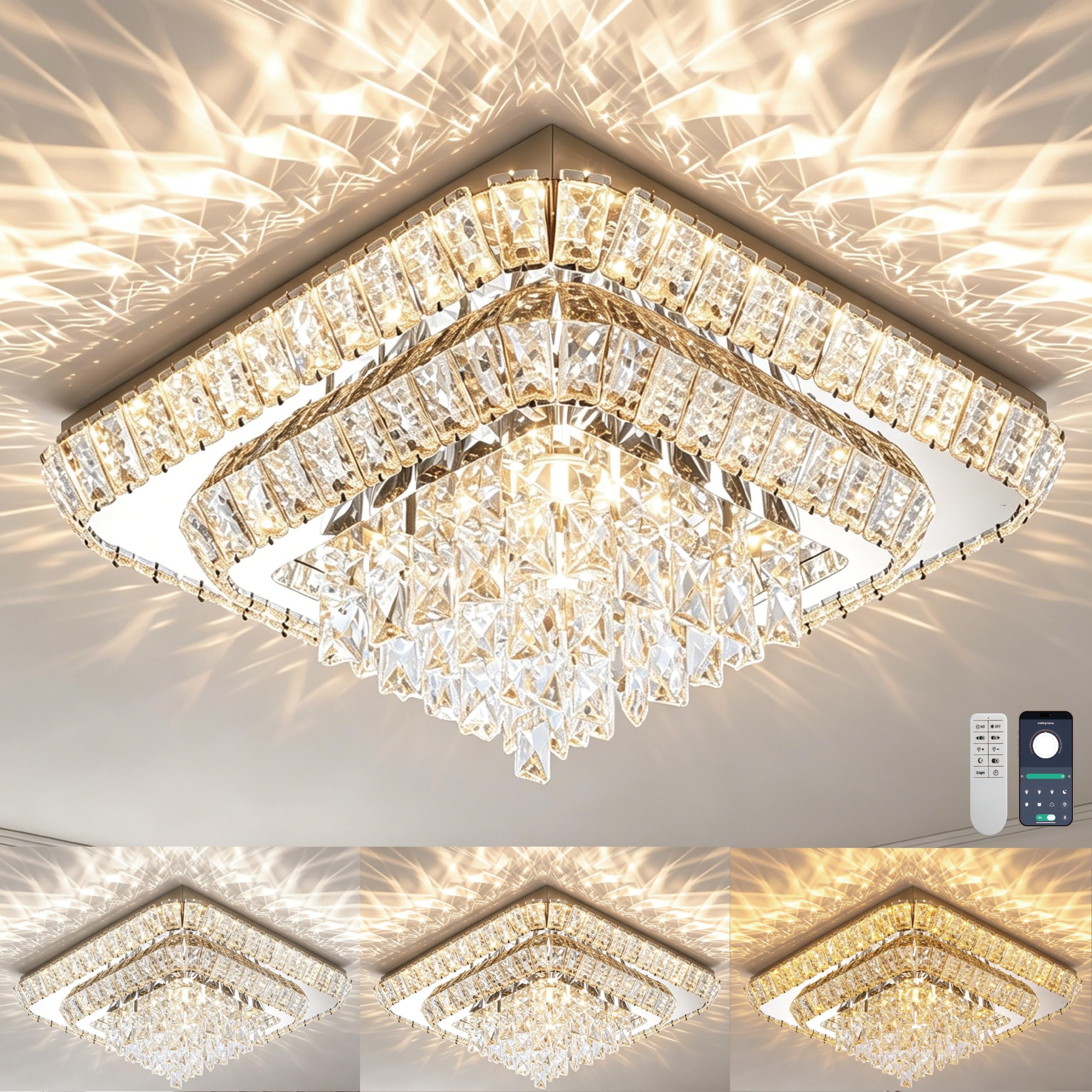 【Novelbright】Chandelier Miuyhji Elegant LED Crystal Raindrop Ceiling Light,18in Smart