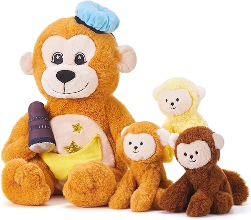 Monkey Mommy - Juguete de peluche para mamá y bebé, lindo juego de 19 pulgadas, pequeño, suave, esponjoso, juguete para abrazar con mini bebés,