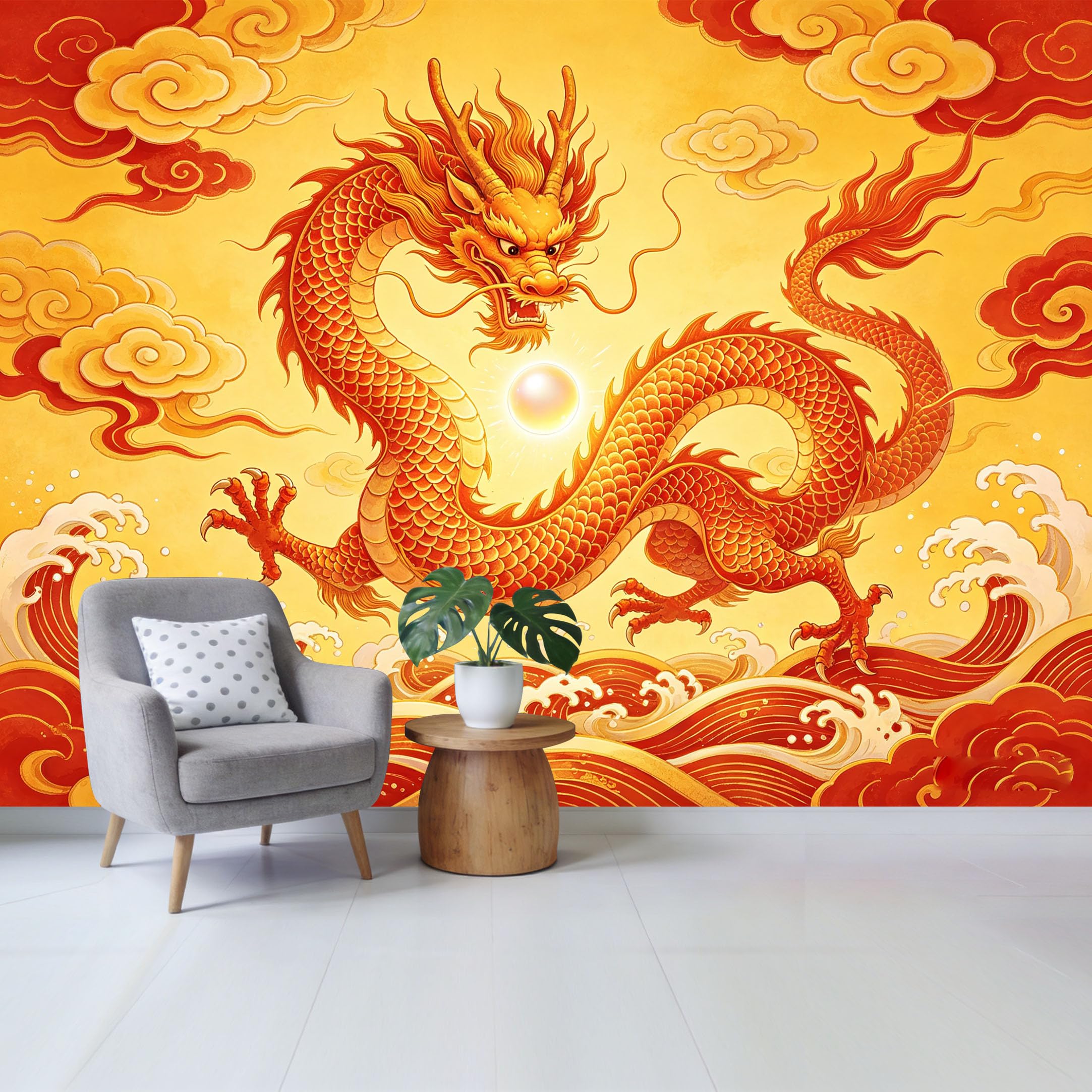 Qzlithotic Yq2605251023 Custom Size Wall Mural Traditional Golden Chinese Dragon Auspicious Clouds Sea Wave Pattern Selfadhesive Wall Fabric Removable Wallpaper For Home Office Decor