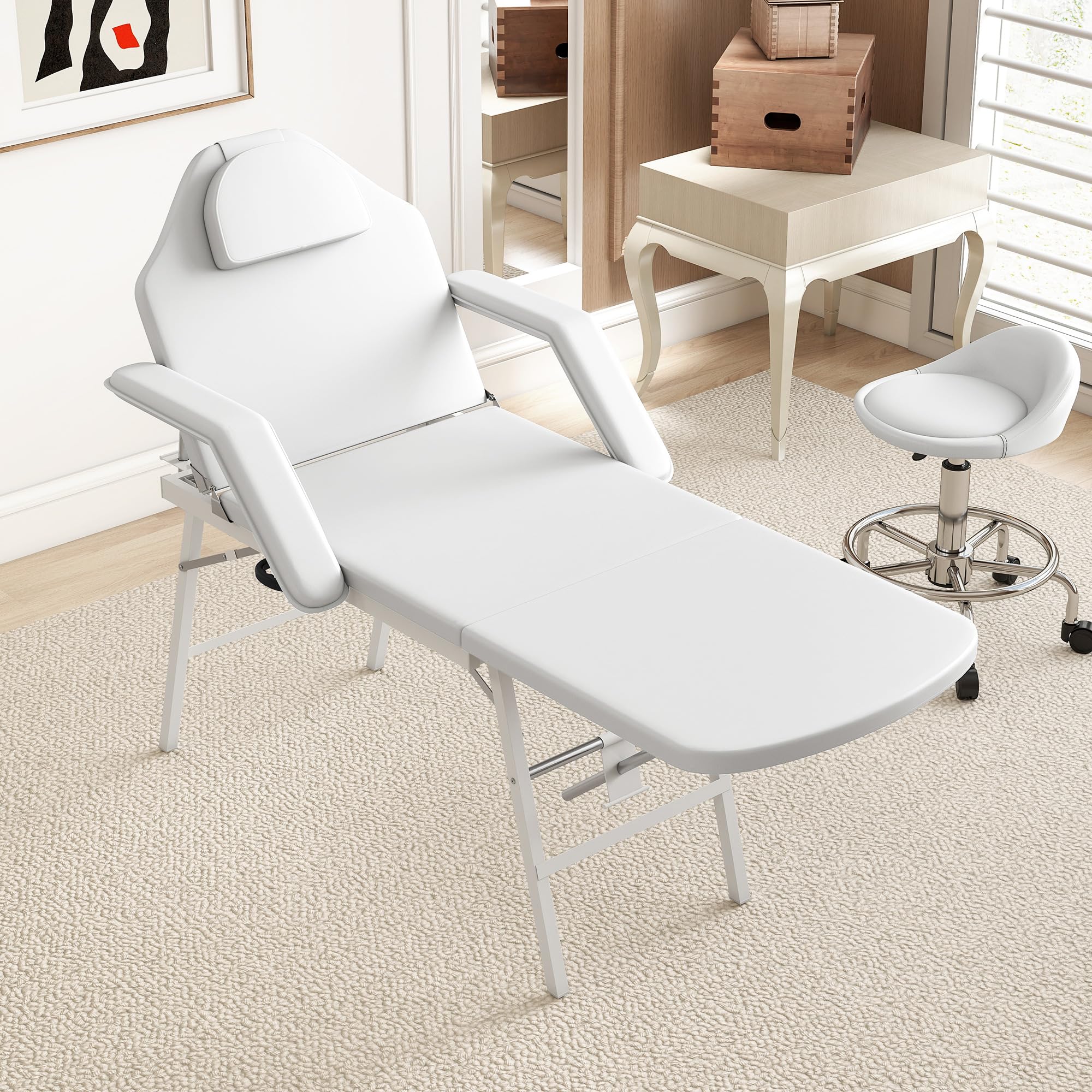 HOMCOM Kosmetikliege, Klappbar 3 Zonen Massageliege, Weiß | Tattooliege, Therapieliege, Verstellbare Rückenlehne & Fußstütze, Abnehmbare Kopfstütze, Armlehnen, Kosmet, Spa, Therapien