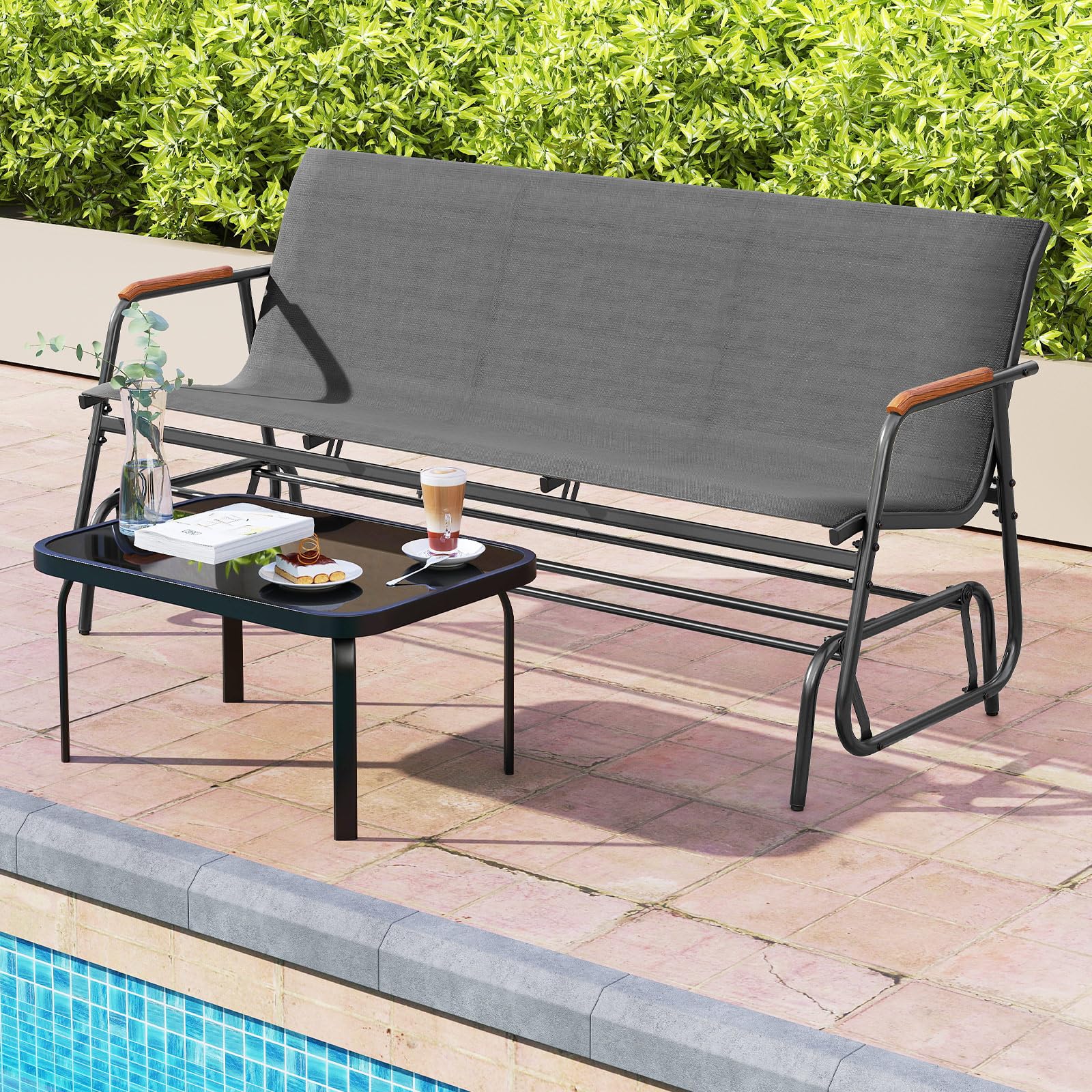 COSTWAY Gartenbank, 3-Sitzer Schaukelbank mit sanfter Gleitbewegung und atmungsaktivem Stoffsitz, Sitzbank bis 450 kg belastbar, Terrassenbank für Garten, Balkon, Terrasse