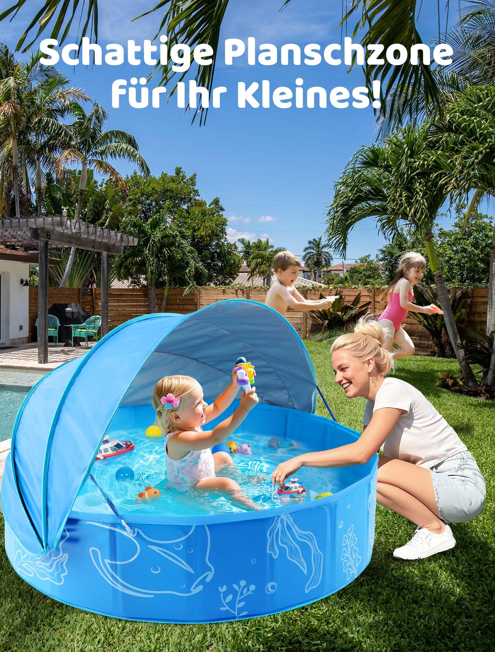 Hikiddy Planschbecken mit Schatten 120 cm Pop-Up Splash Pool für Sommer Strand Garten Blau